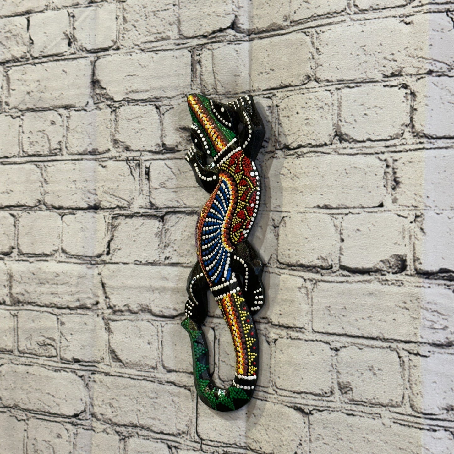 30cm Gecko Carved Wooden Dot Painted Ethnic Tribal Tiki Wall Handmade No 3