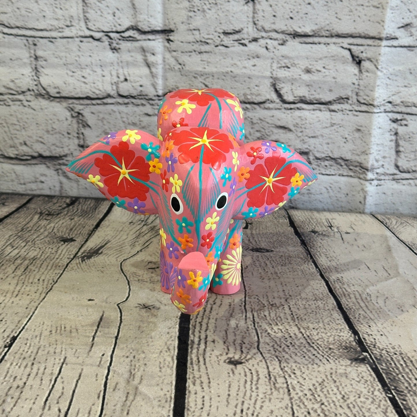 Pink Wooden Elephant With Flower Pattern 15cm x 18cm Handmade and Fairtrade