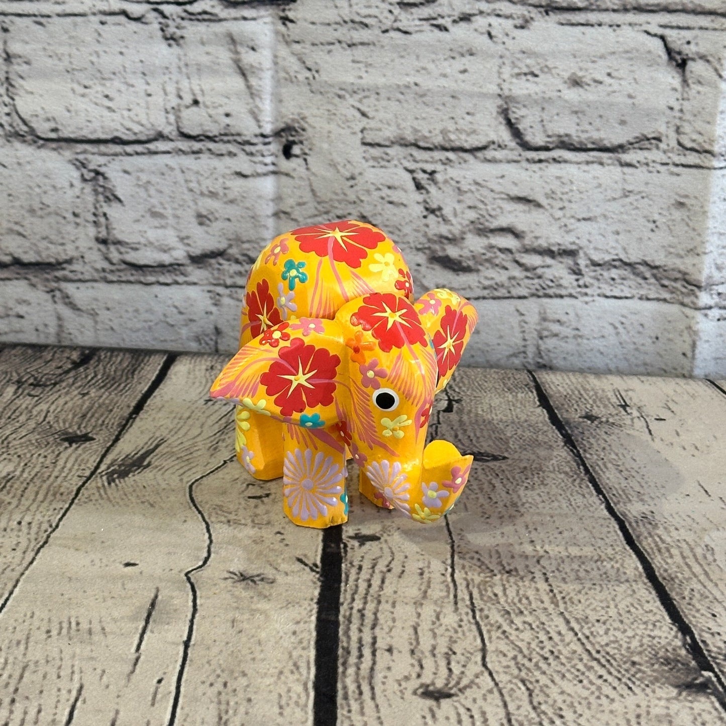 Orange Wooden Elephant With Flower Pattern 10cm x 12cm Handmade and Fairtrade