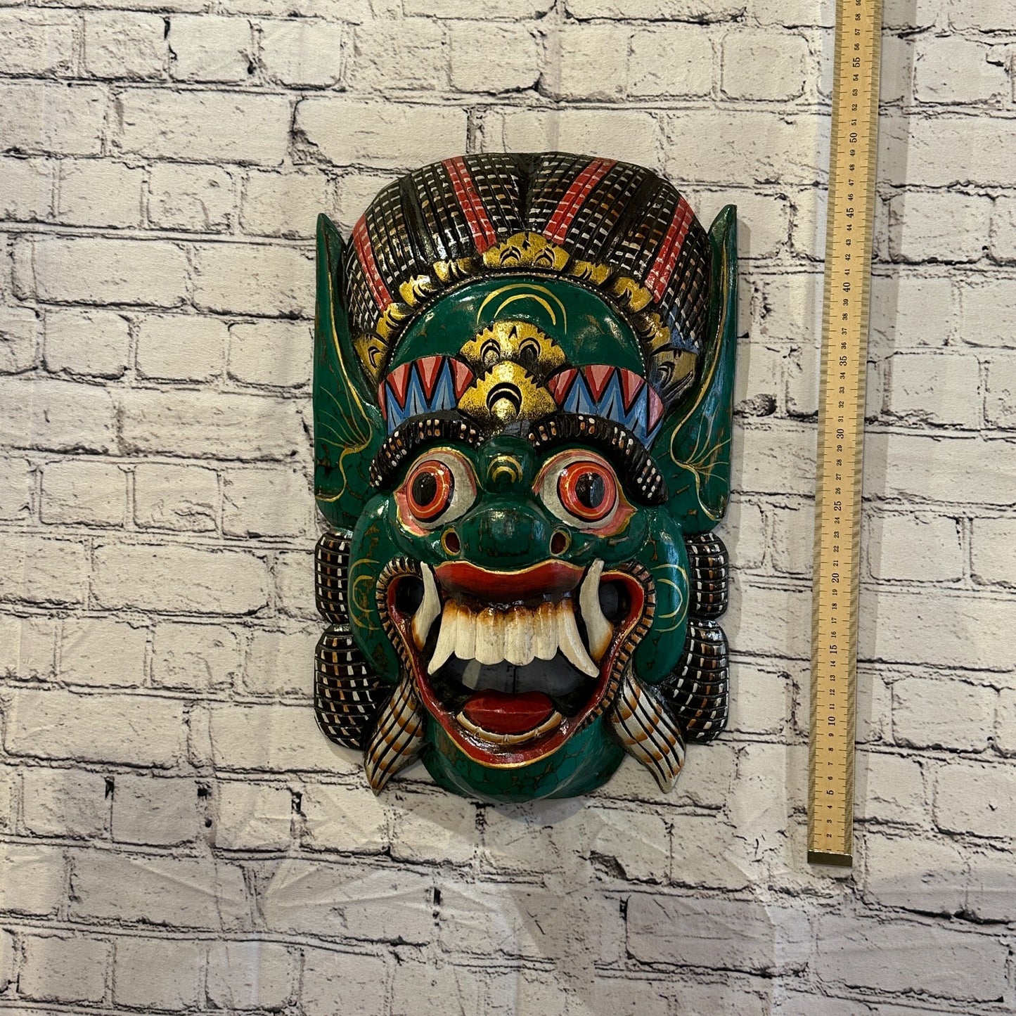 Large Wooden Green Barong Wall Mask 50cm x 30cm Handmade And Fairtrade