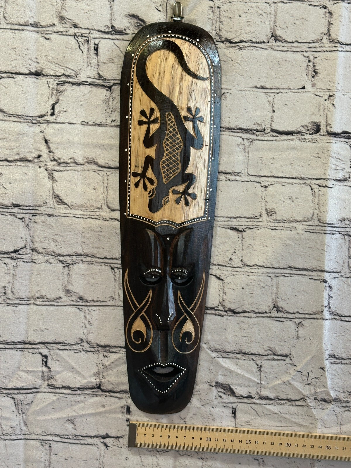 50cm Gecko Mask Carved Wooden Brown Work Painted Ethnic Tribal Tiki Wall Art