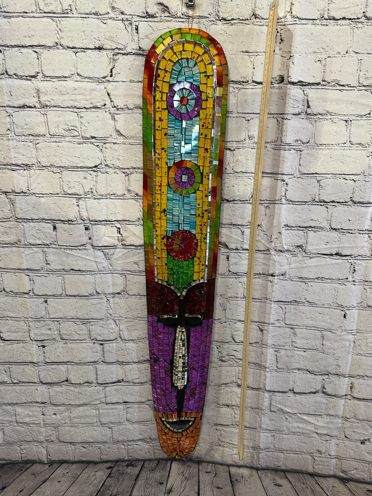 100cm Mosaic Mirror Mask Carved Painted Ethnic Tribal Wall Art Handmade Design 1