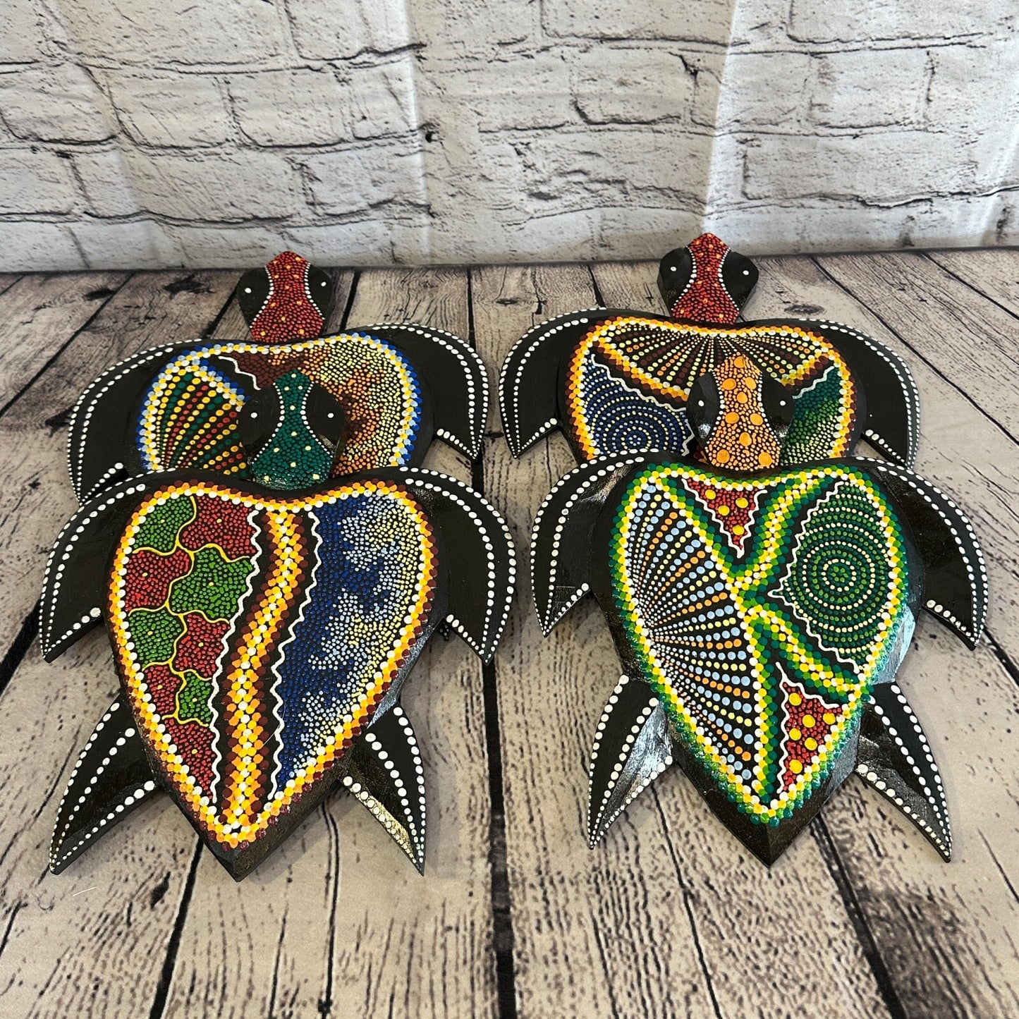 30cm Turtle Carved Wooden Dot Painted Ethnic Tribal Tiki Wall Art Handmade No 2