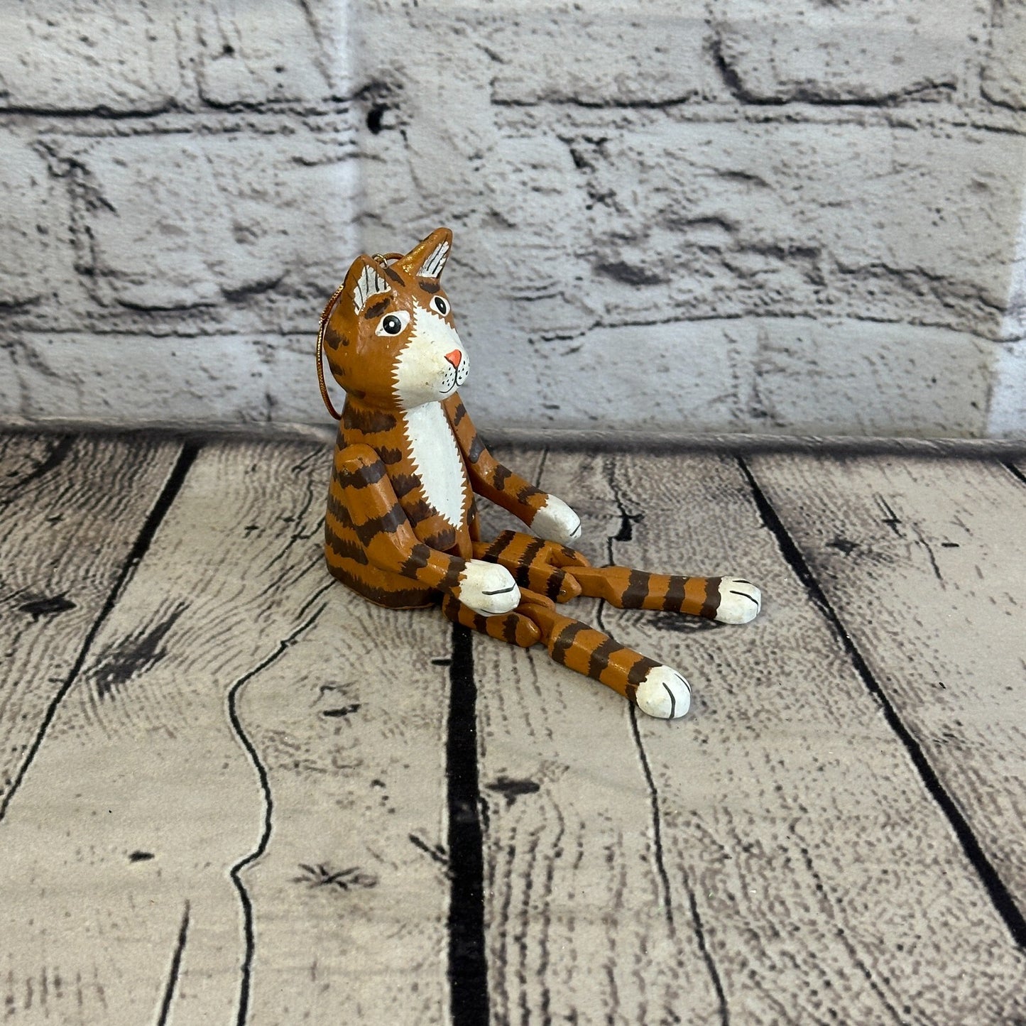 10cm Tabby Cat Sitting Animal, Wooden Shelf Ornament Handmade and Fairtrade