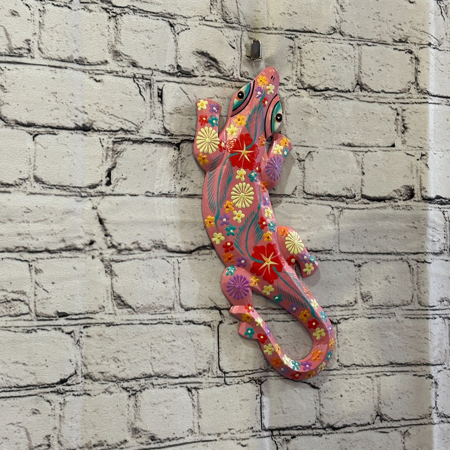 30cm Gecko Lizard Pink Flower Wood Wall Hanging Wooden Ornaments Carving