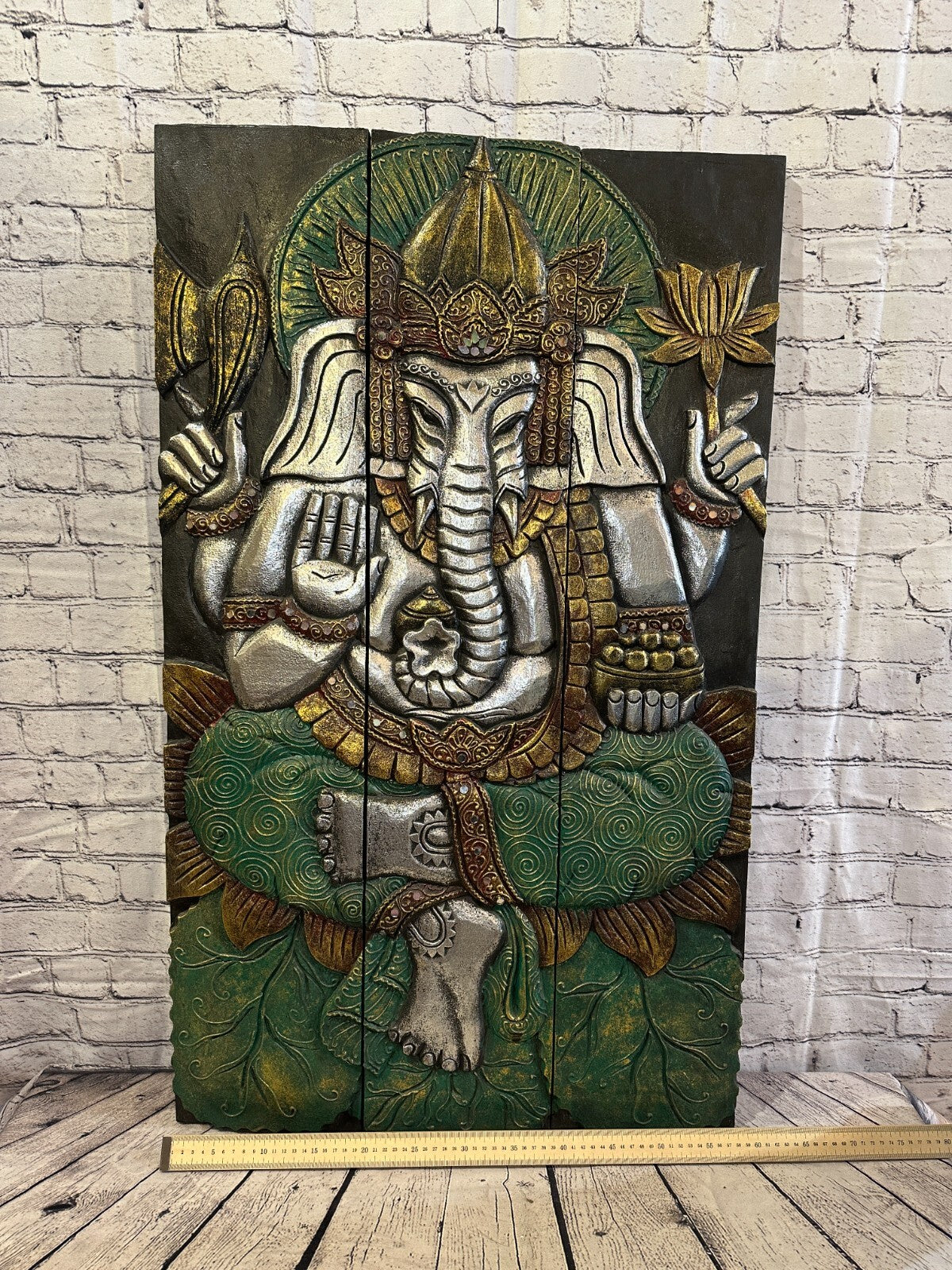 100cm x 60cm Ganesh Colourful Panel Wooden Wood Panel Wall Art Plaque Handcarved