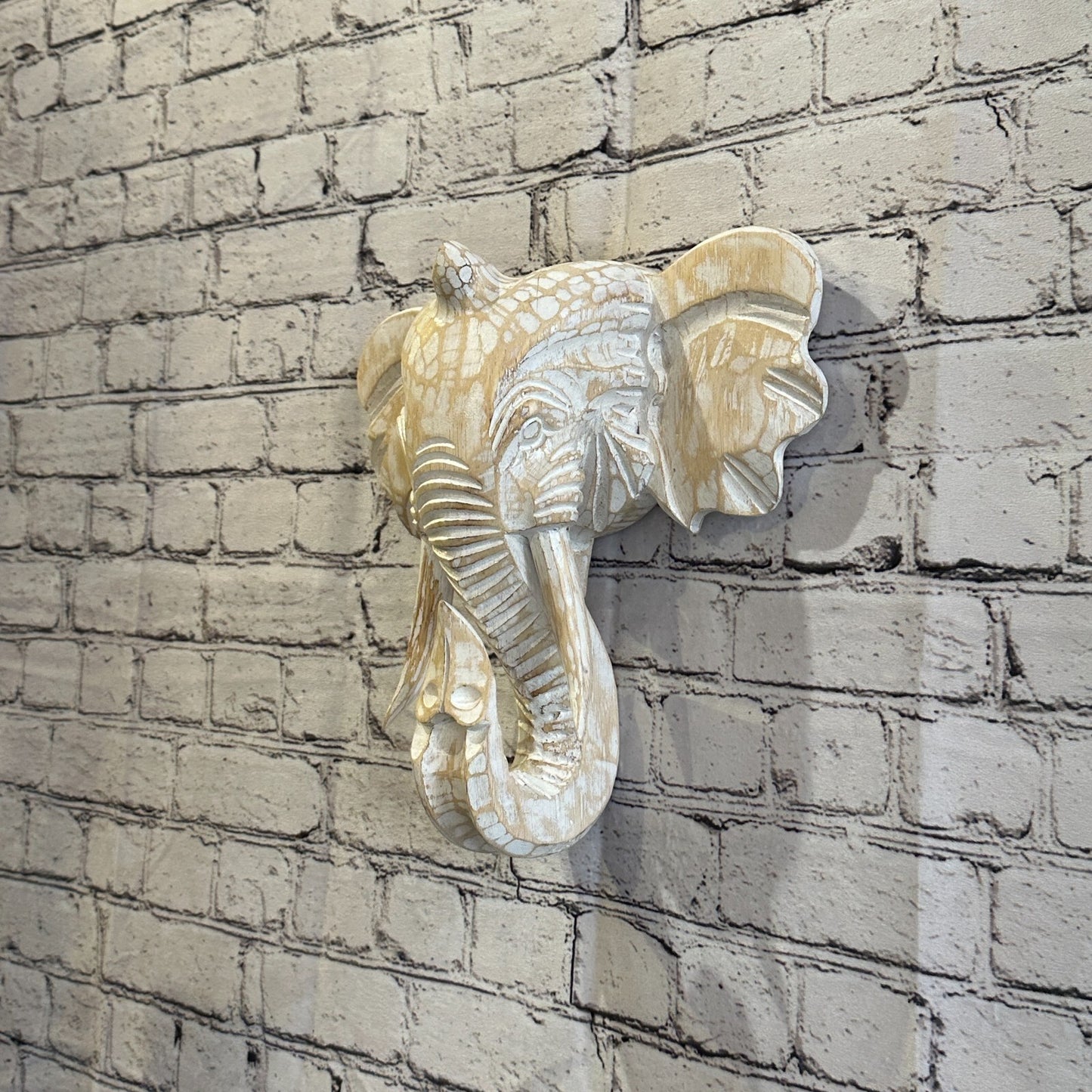 30cm x 30cm Cream White Carved Wood Elephant Head Wall Mounted Art Large Shabby