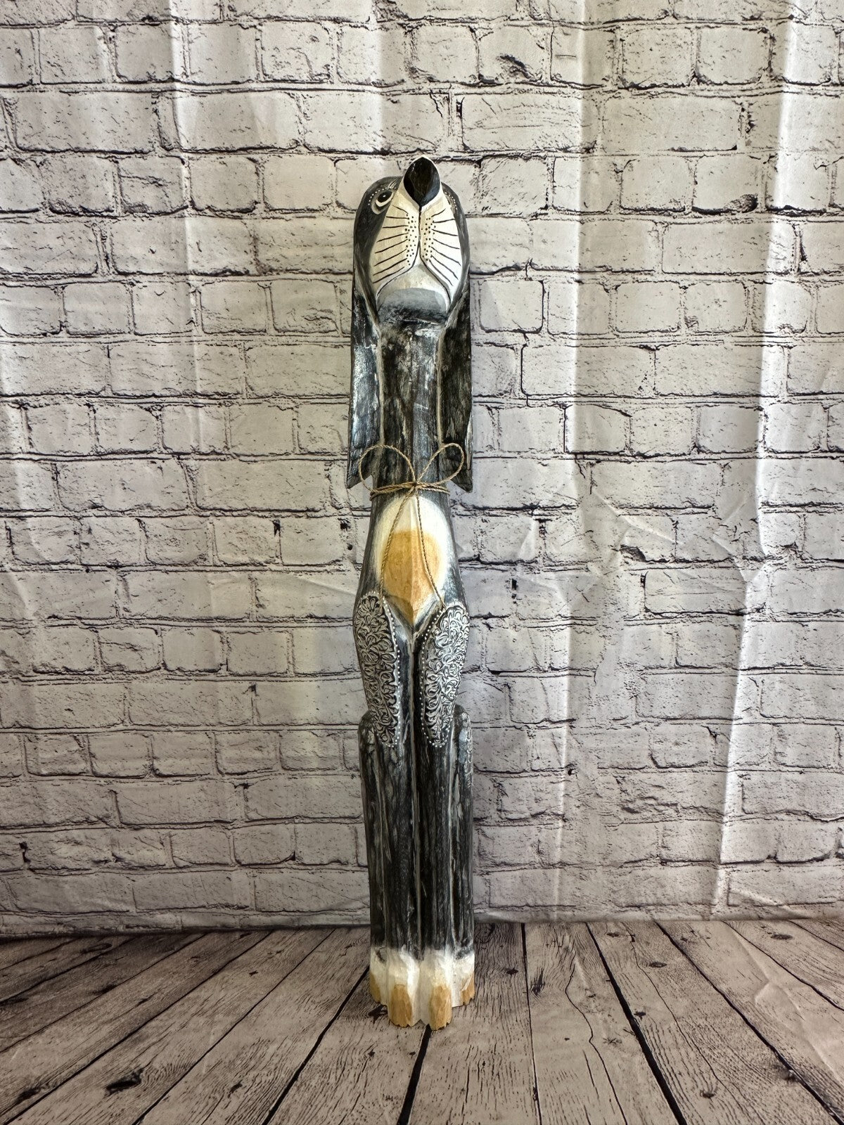 80cm Grey Flower Wooden Shabby Dog Statue Ornament Fair Trade Handcarved