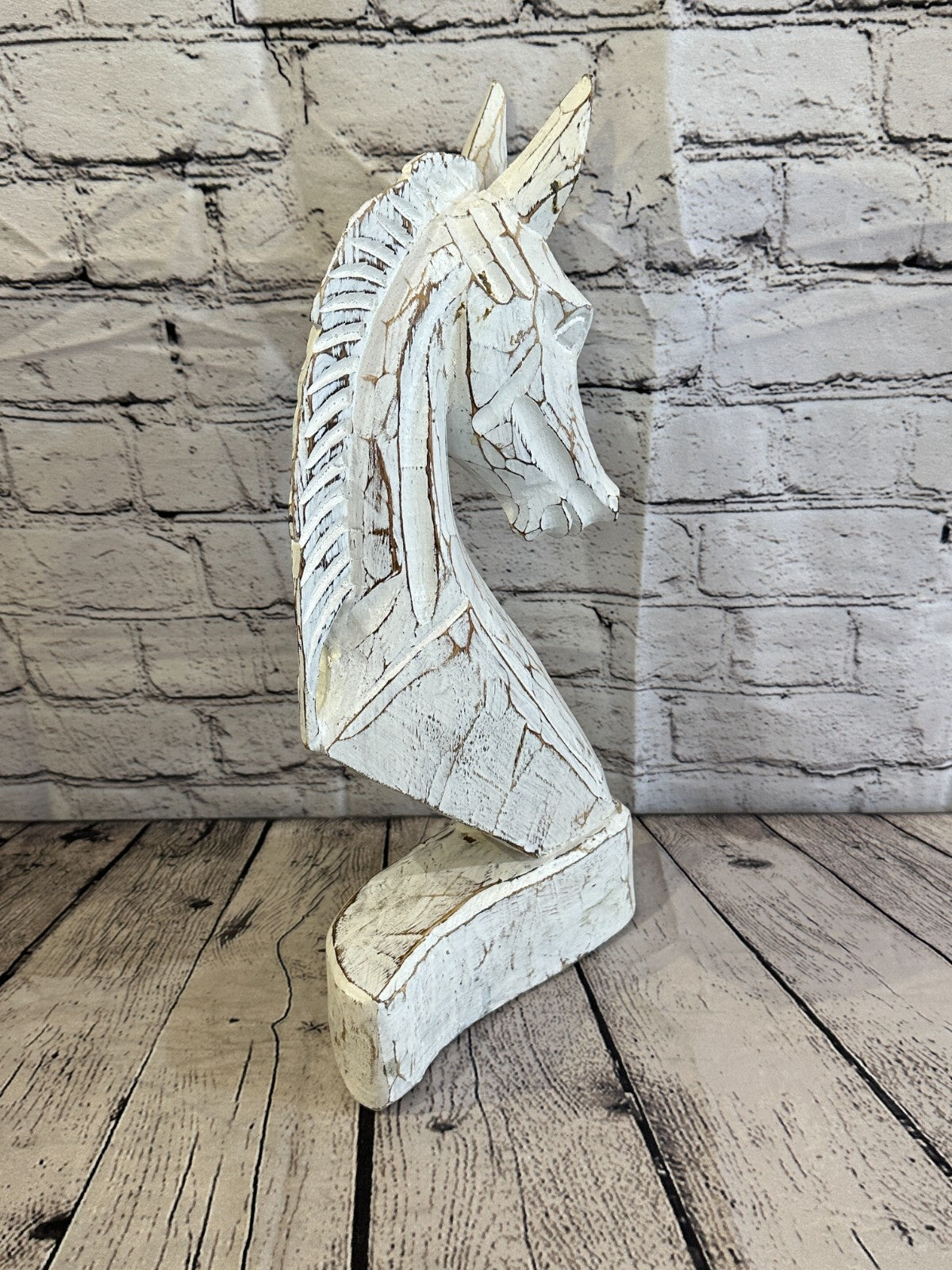 White Wooden 40cm x 20cm Horse Head Bust Hand Carved Wood Sculpture
