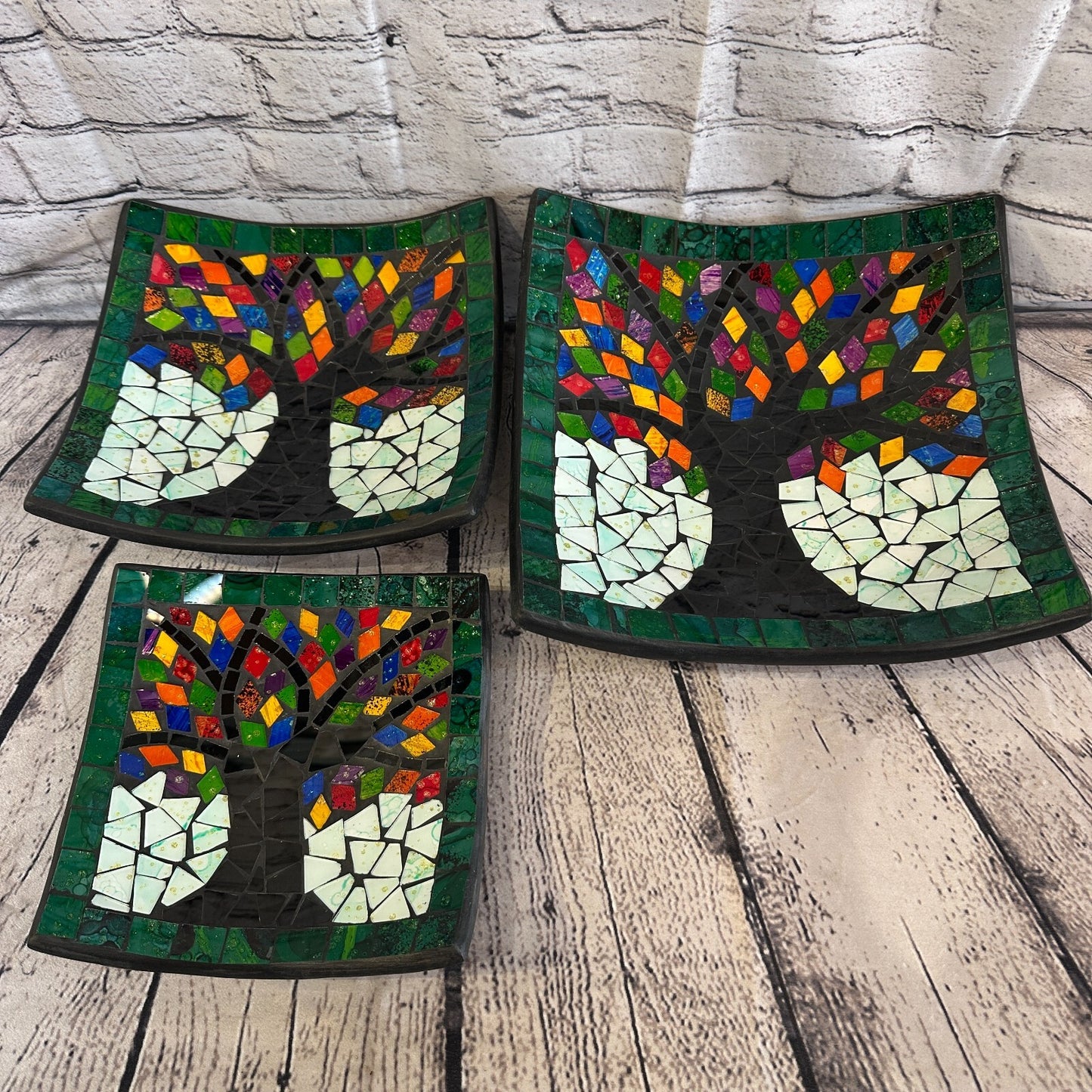 20cm Rainbow Tree Of Life Square Mosaic Handmade Ceramic Glass Tile Bowl Fruit