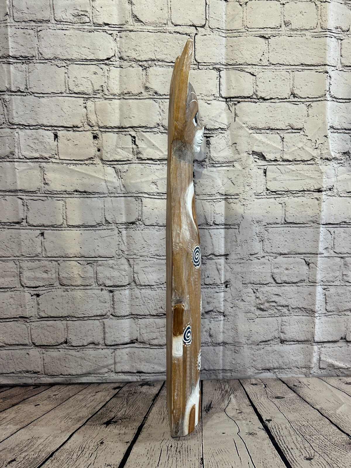 60cm Light Brown Flower Wooden Shabby Cat Statue Ornament Fair Trade Handcarved