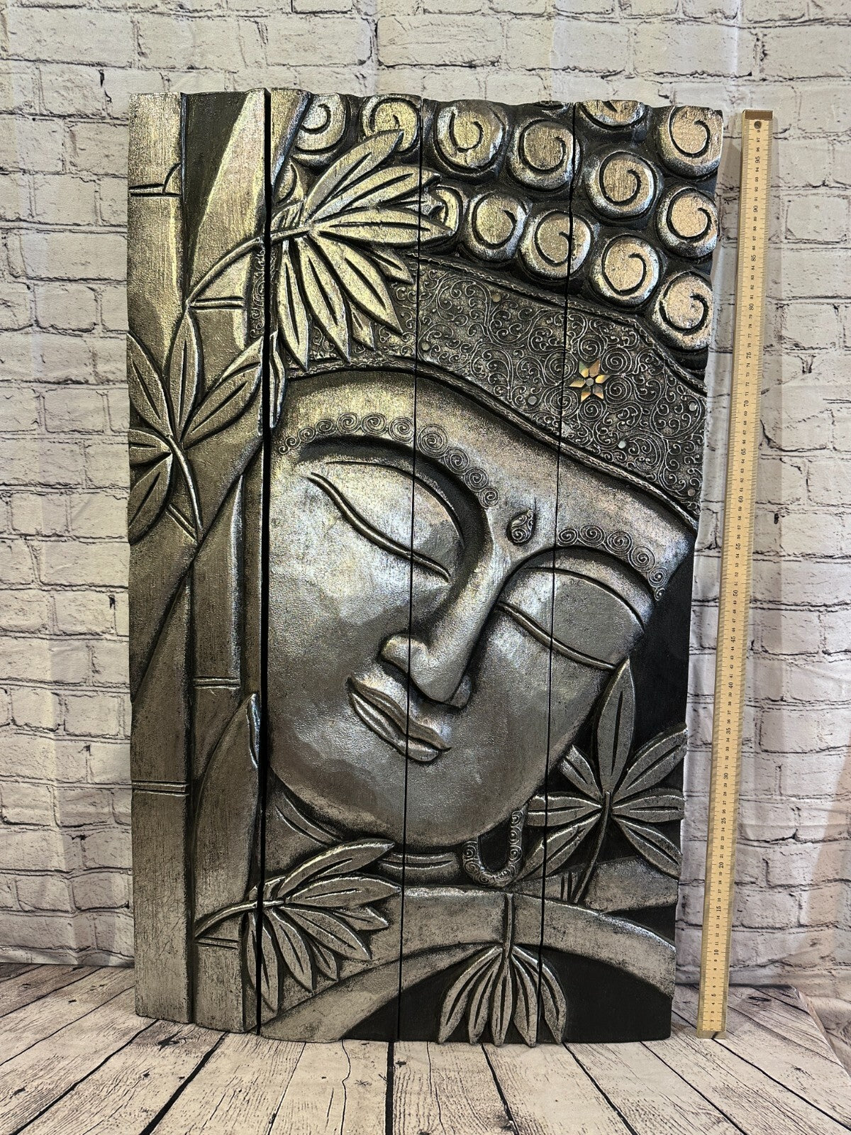 100cm x 60cm Buddha Silver Panel Wooden Wood Panel Wall Art Plaque Handcarved