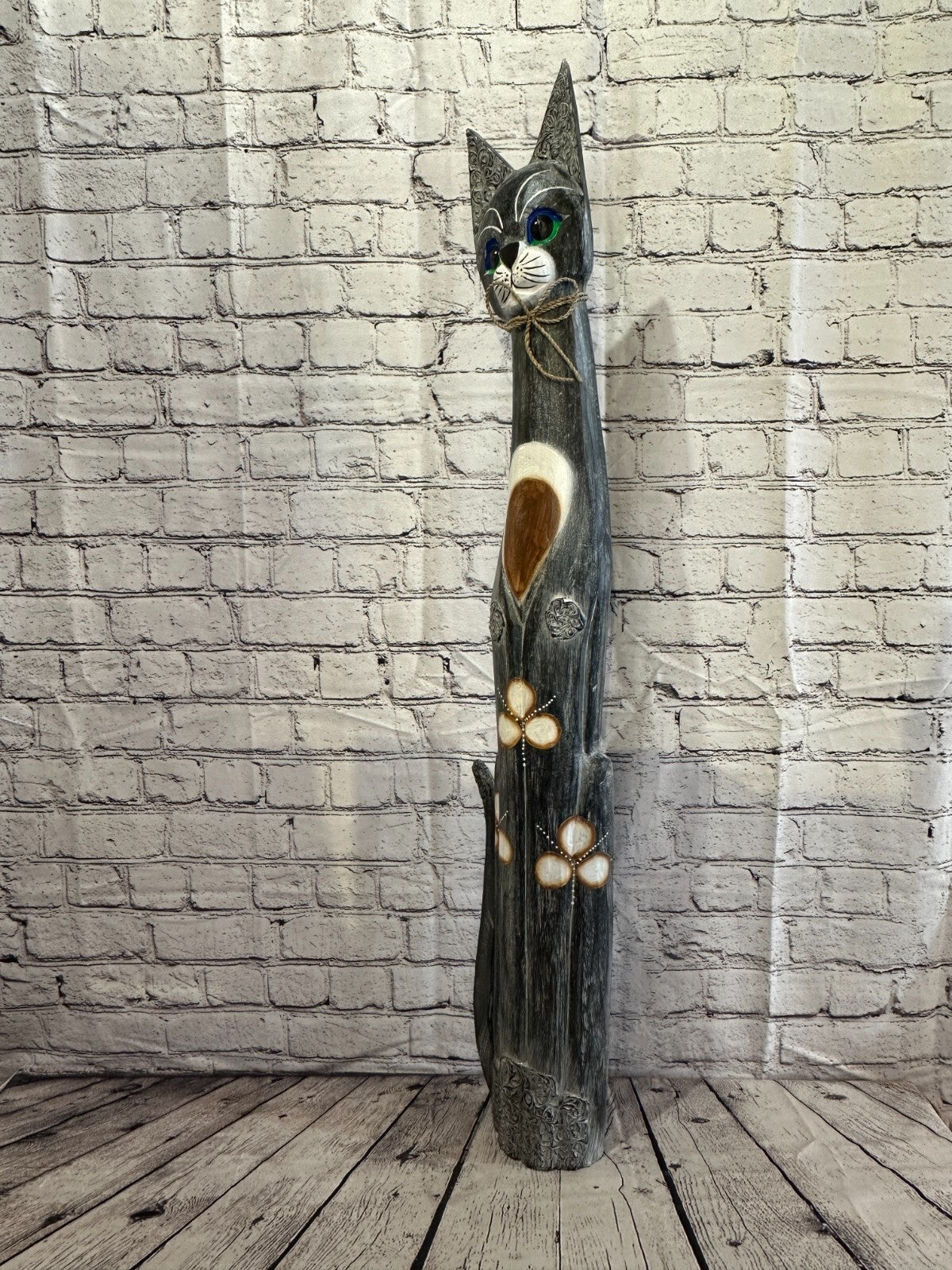 100cm Grey Swirl Flower Wooden Shabby Cat Statue Ornament Fair Trade Handcarved