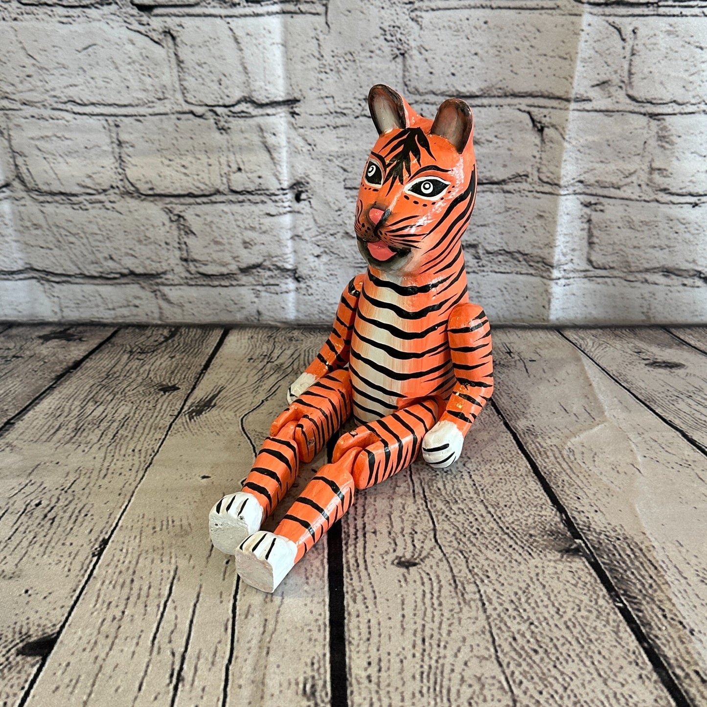 20cm Orange Tiger Sitting Animal, Wooden Shelf Ornament Handmade & Fairtrade