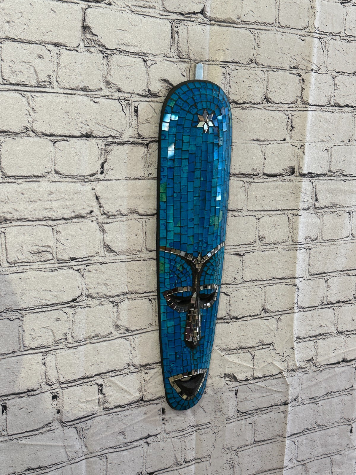 50cm Blue Mosaic Mirror Mask Carved Painted Ethnic Tribal Wall Art Handmade
