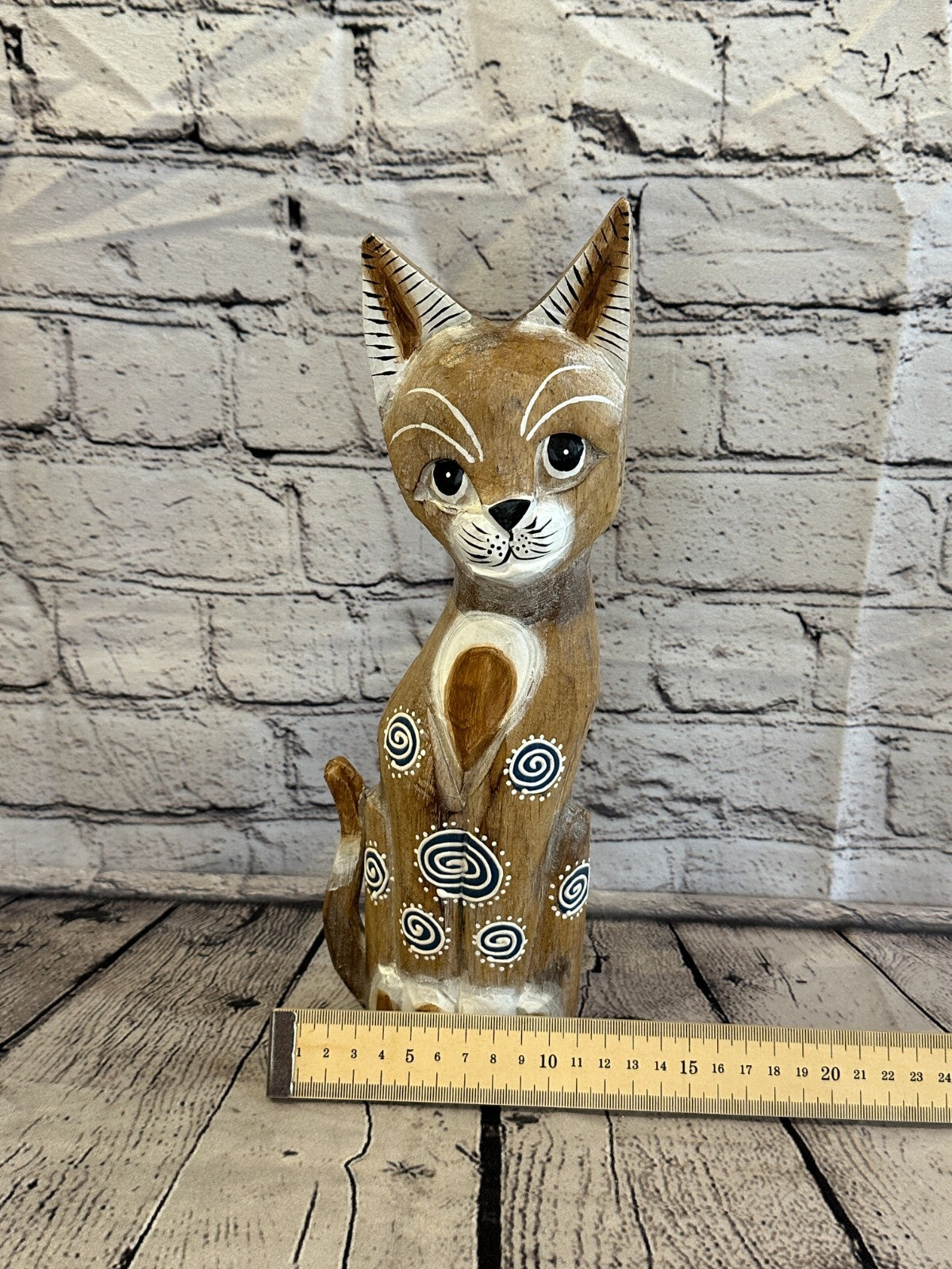 30cm Light Brown Flower Wooden Shabby Cat Statue Ornament Fair Trade Handcarved