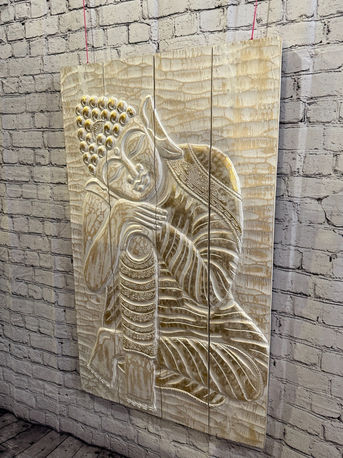 100cm x 60cm Buddha White Gold Wooden Wood Panel Wall Art Plaque Handcarved