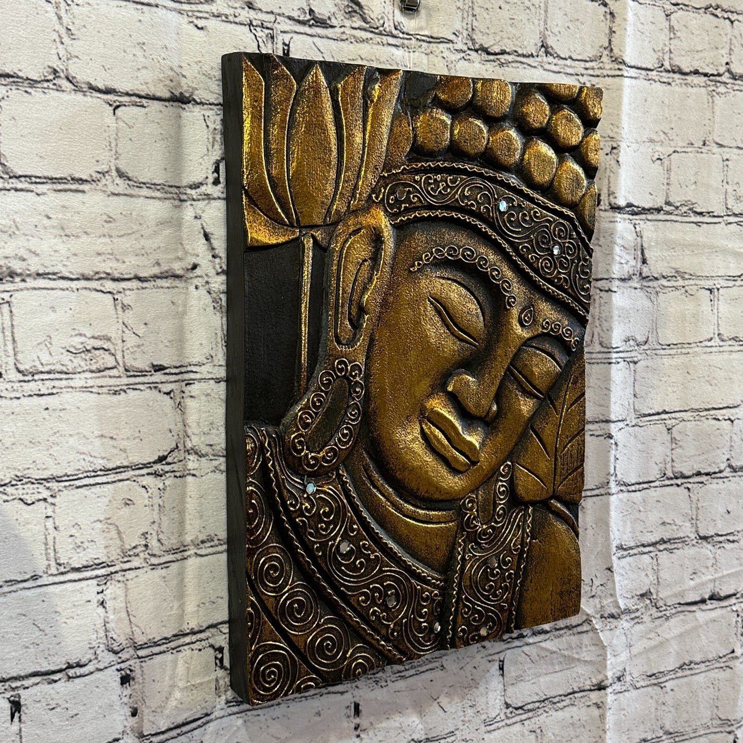 Wooden Wood Panel 40cm Brown Gold Buddha Tall Lotus Wall Art Plaque Handcarved