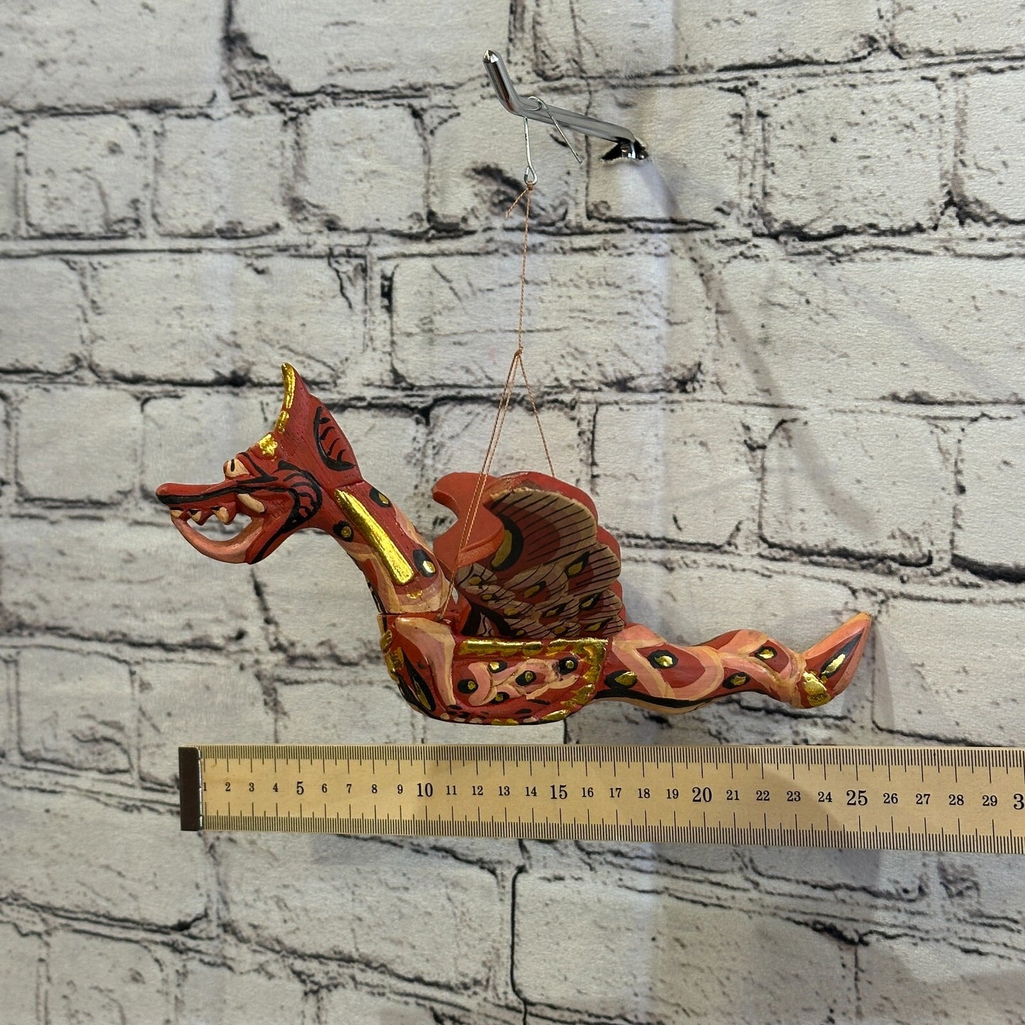 Small Red Dragon Folk Art Wood Flying Winged Mobile Spirit Chaser Guardian