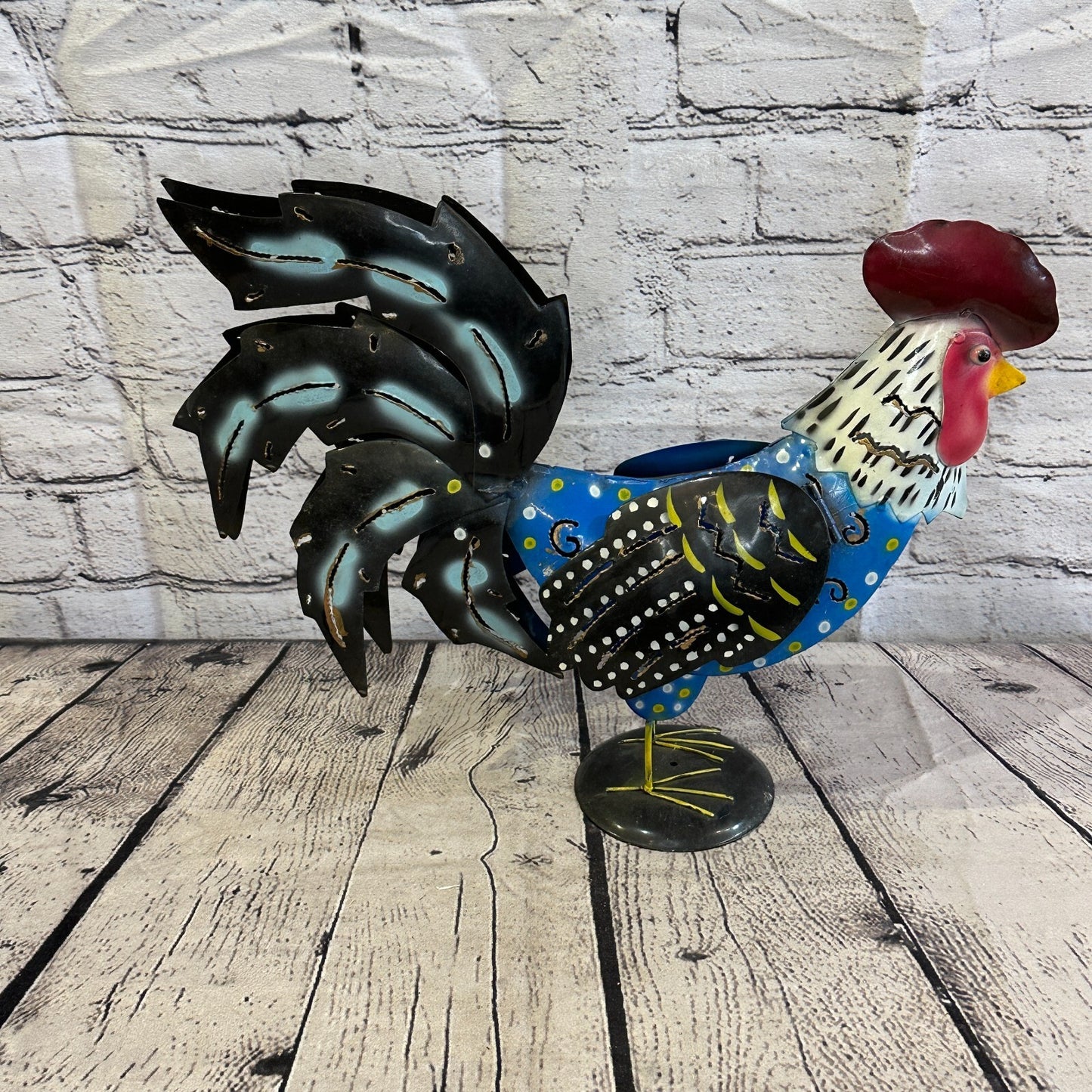 40cm x 25cm Black Blue Metal Chicken Ornament Painted Statue Candle Holder