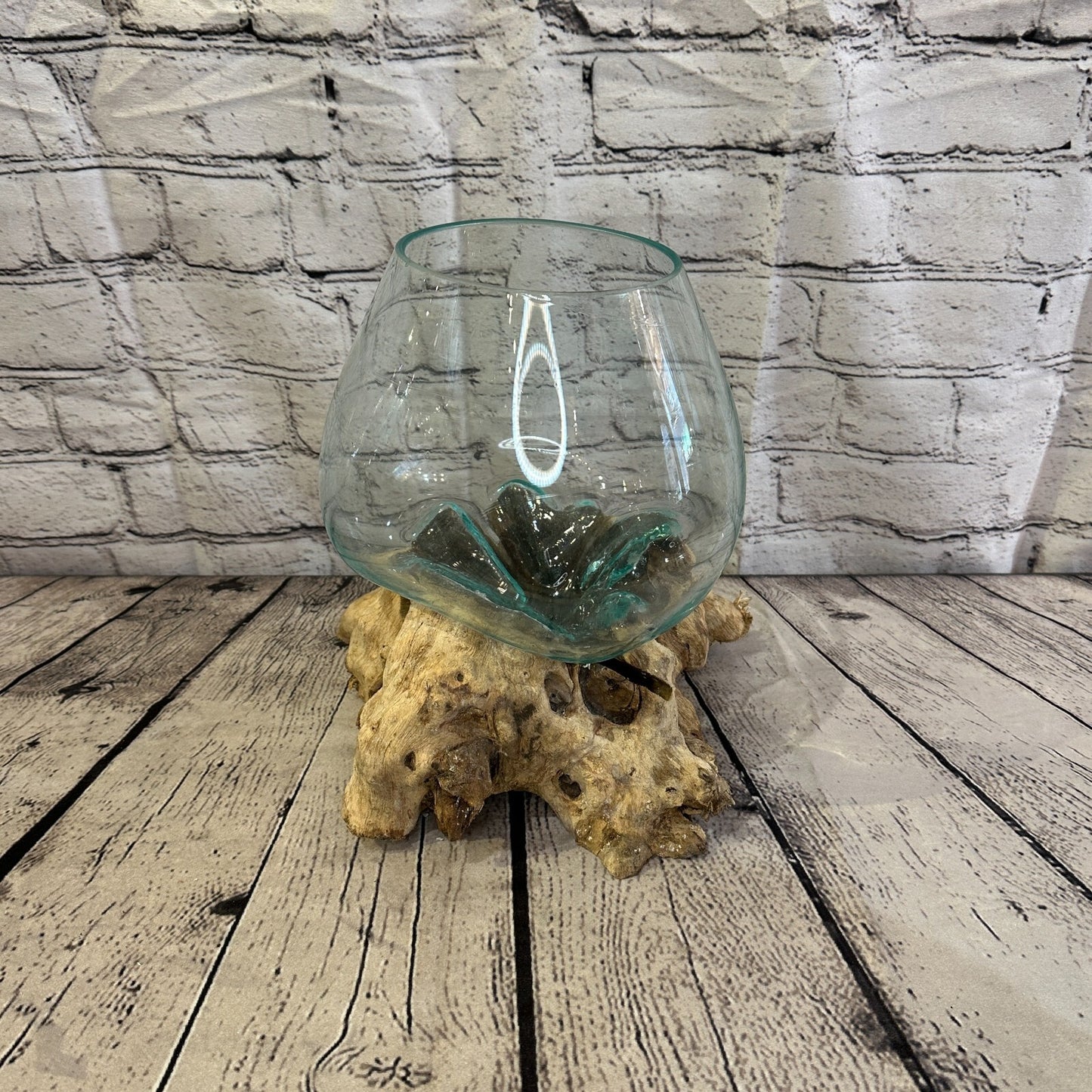 25cm x 25cm Molten Glass Round Bowl Natural Root Wood Base Stand Decor Ornament