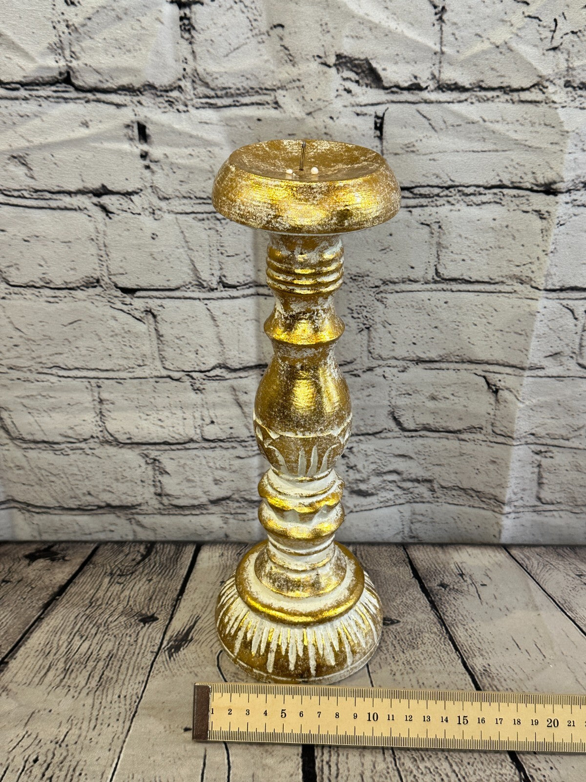 30cm Gold Tall Candlestick Shabby Chic Distressed Solid Column Candle Holder