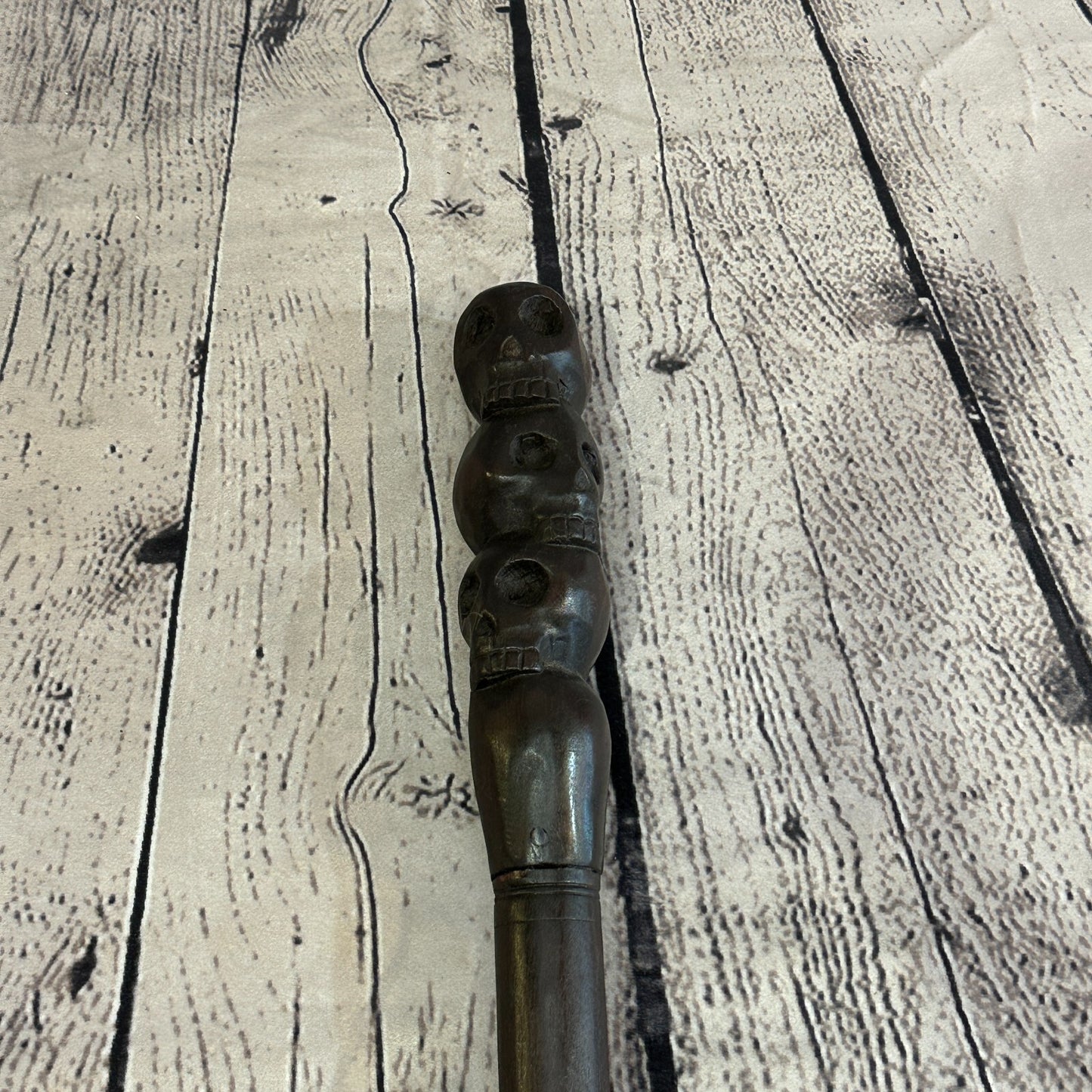 Pillar Three Skulls 90cm Tribal African Walking Stick Cane Hand Carved Dark Wood
