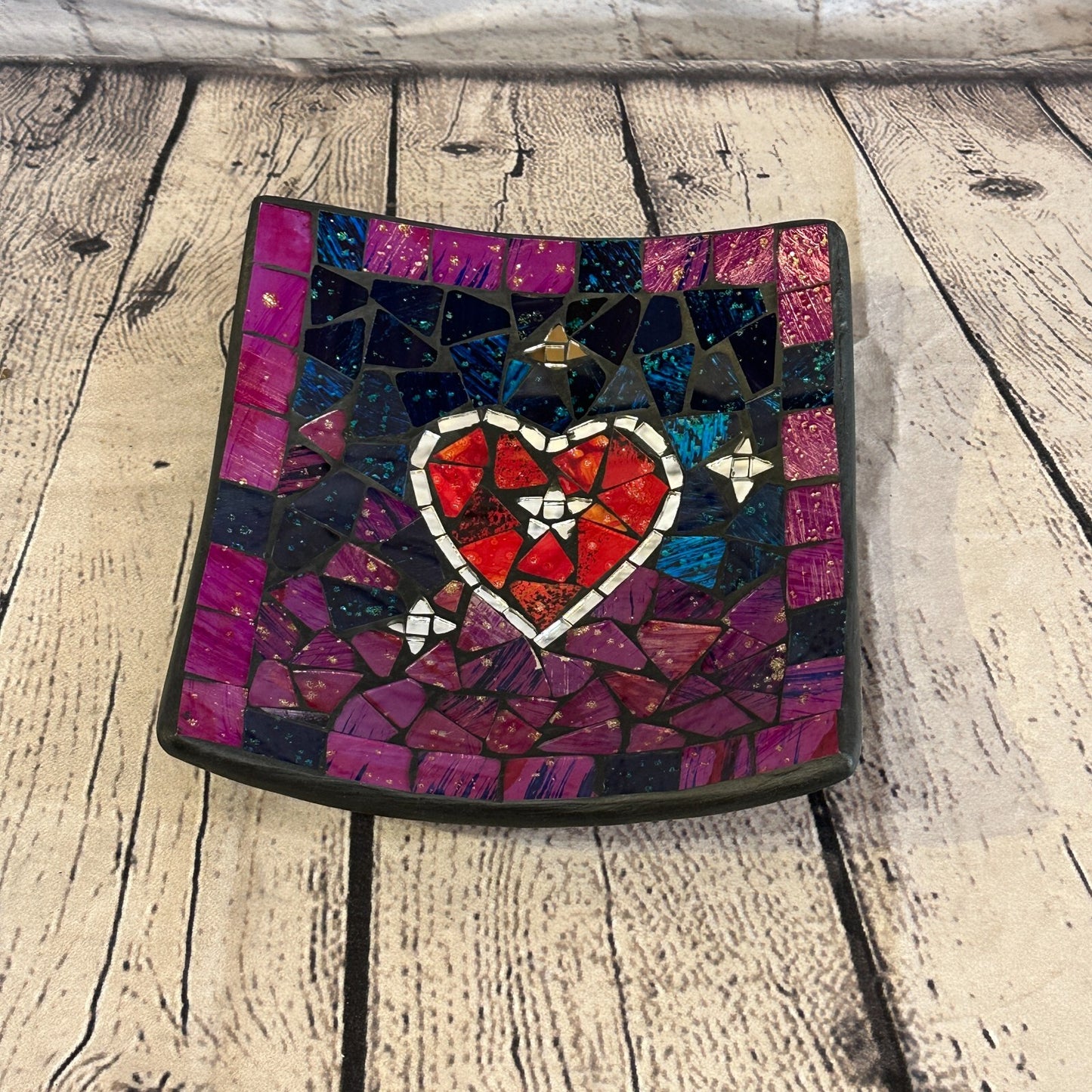 20cm Purple Red Heart Square Mosaic Handmade Ceramic Glass Tile Bowl Fruit
