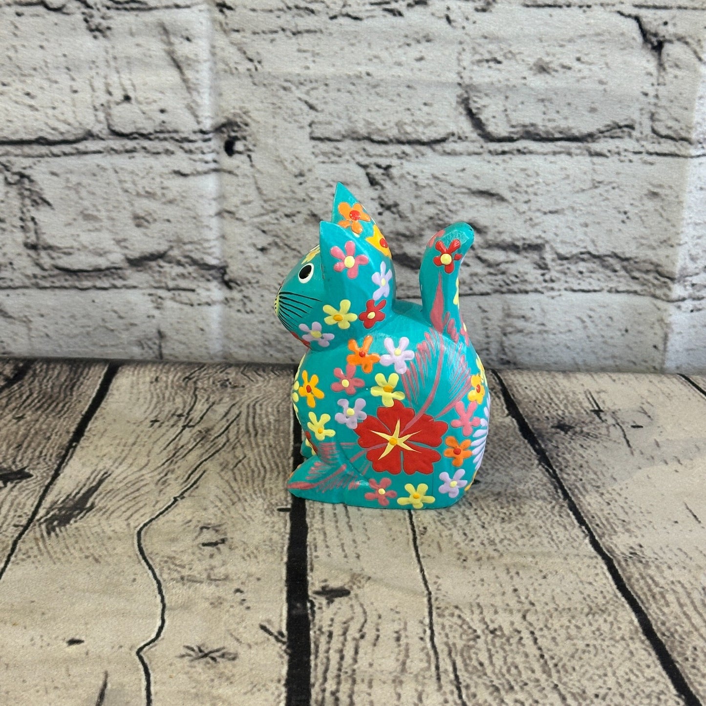 Blue Small Wooden Cat With Flower Pattern 12cm x 6cm Handmade and Fairtrade