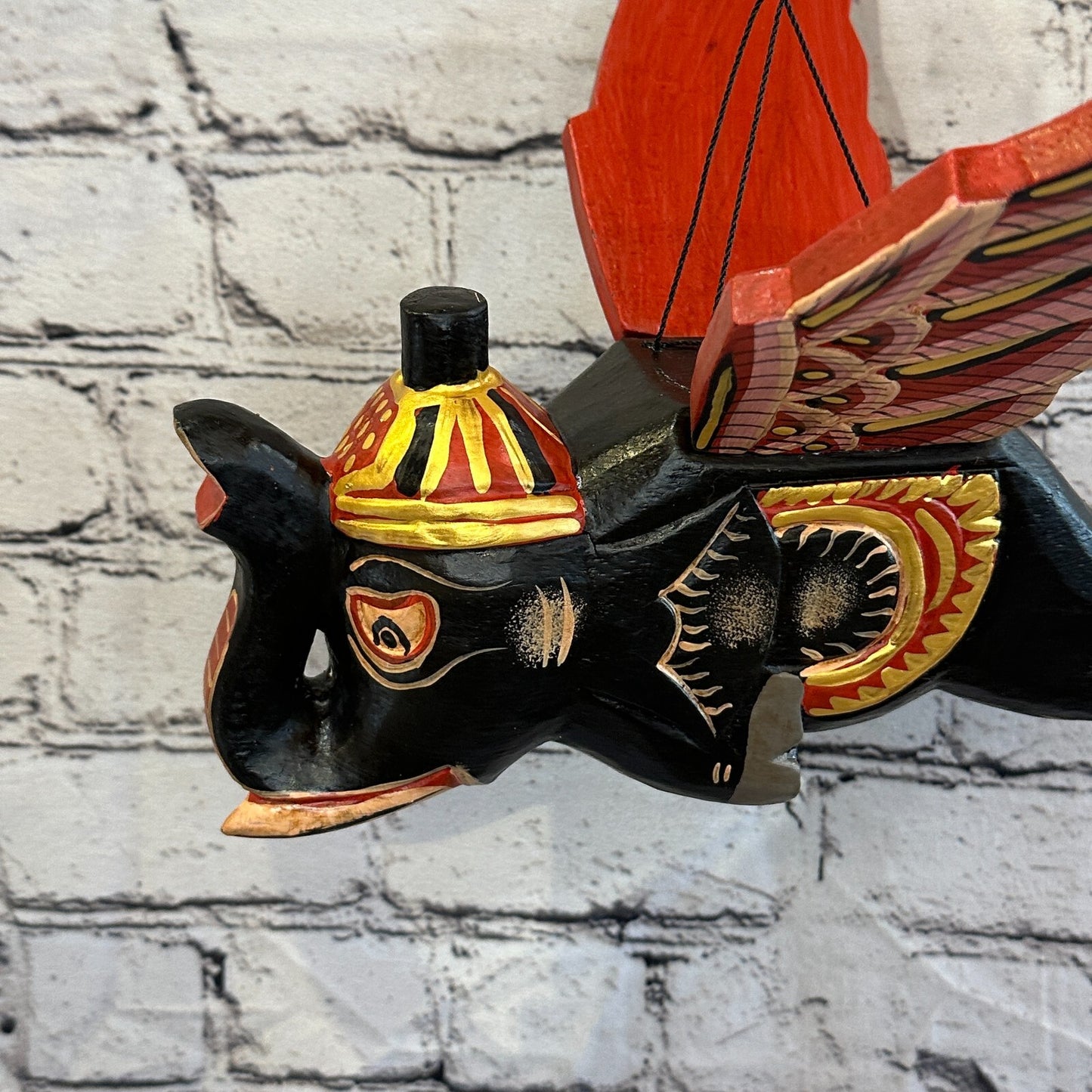 Black Elephant Folk Art Carved Wood Flying Winged Mobile Spirit Chaser Guardian