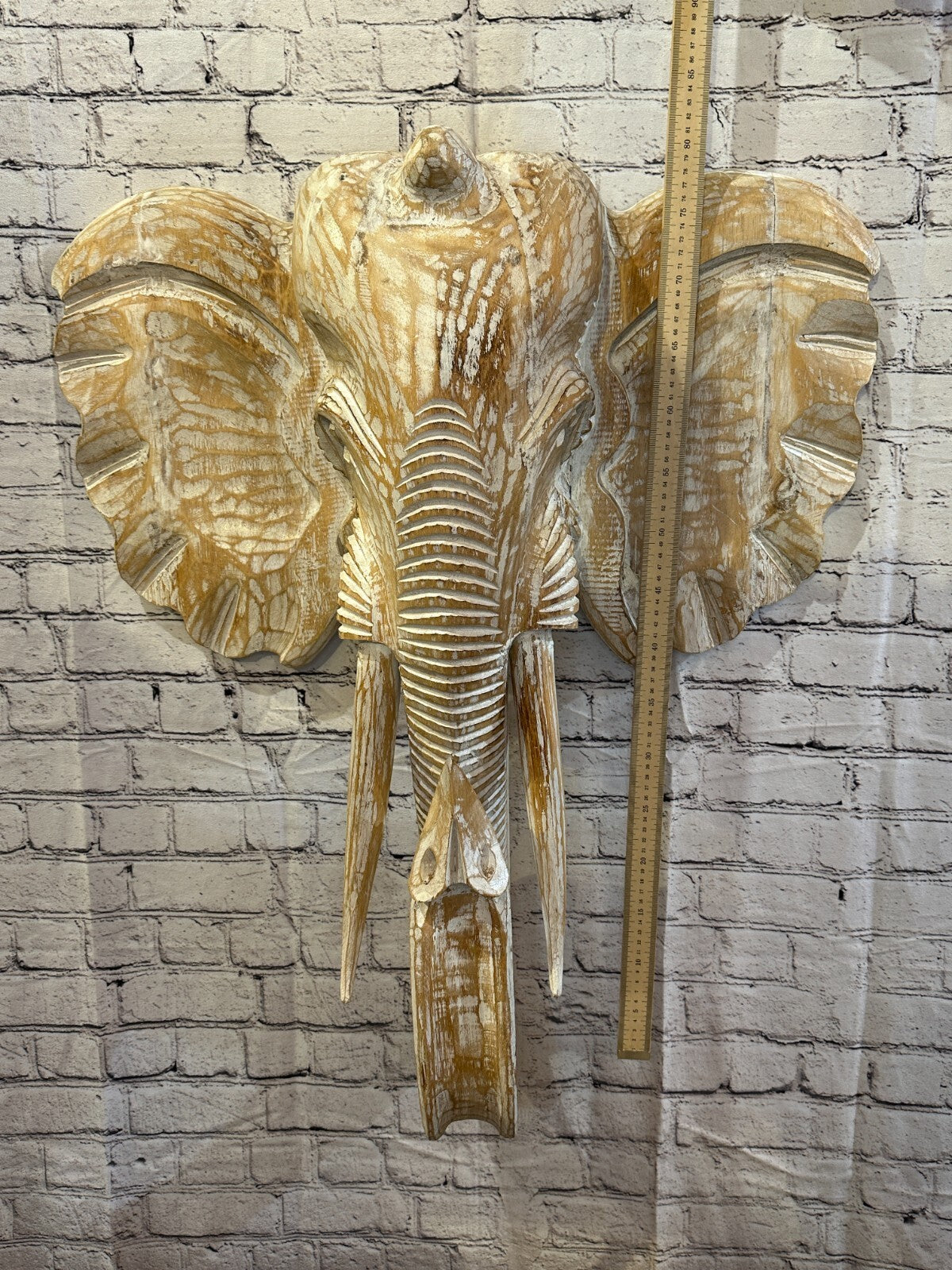 80cm x 60cm Cream White Carved Wood Elephant Head Wall Mounted Art Large Shabby