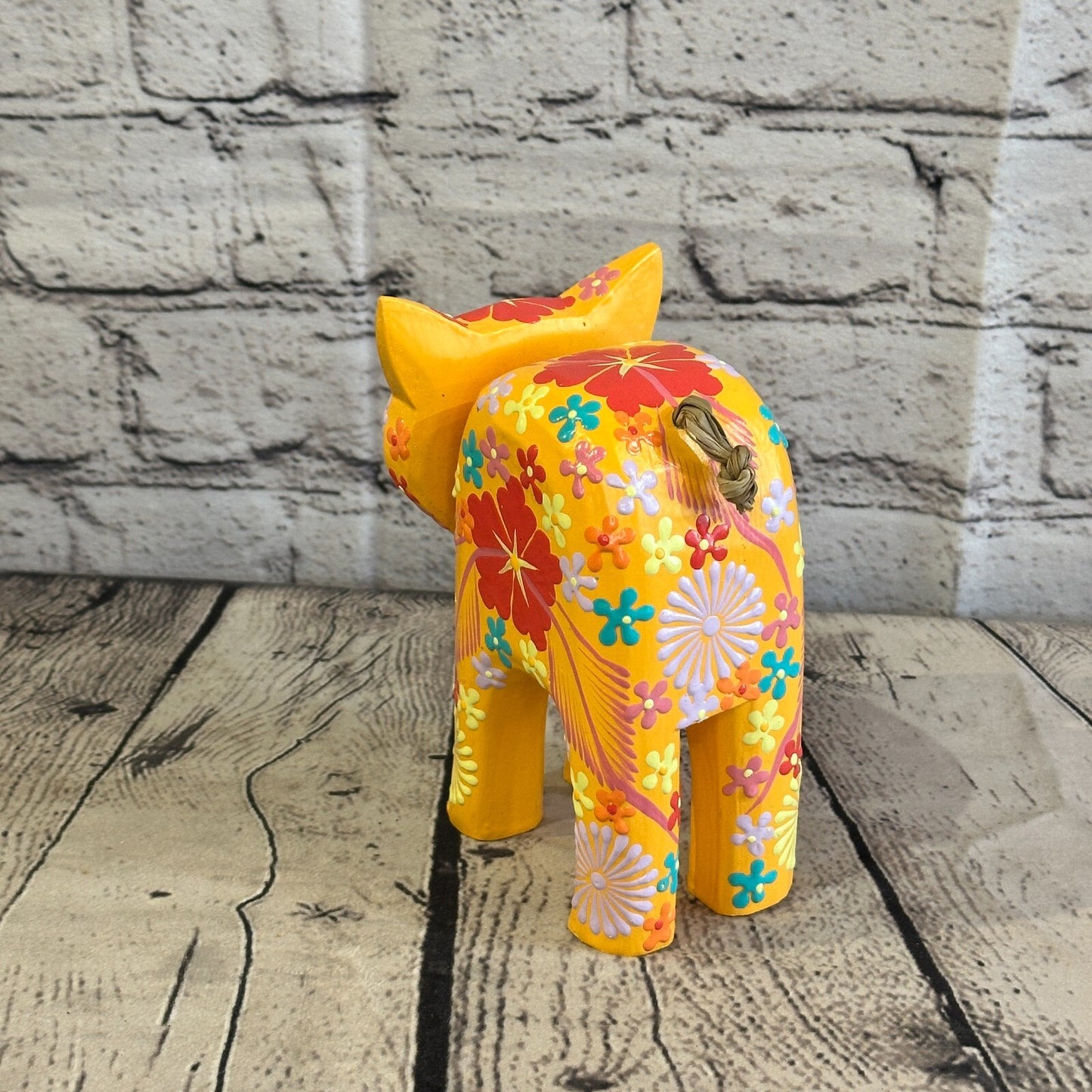 Orange Large Wooden Cat With Flower Pattern 15cm x 10cm Handmade and Fairtrade