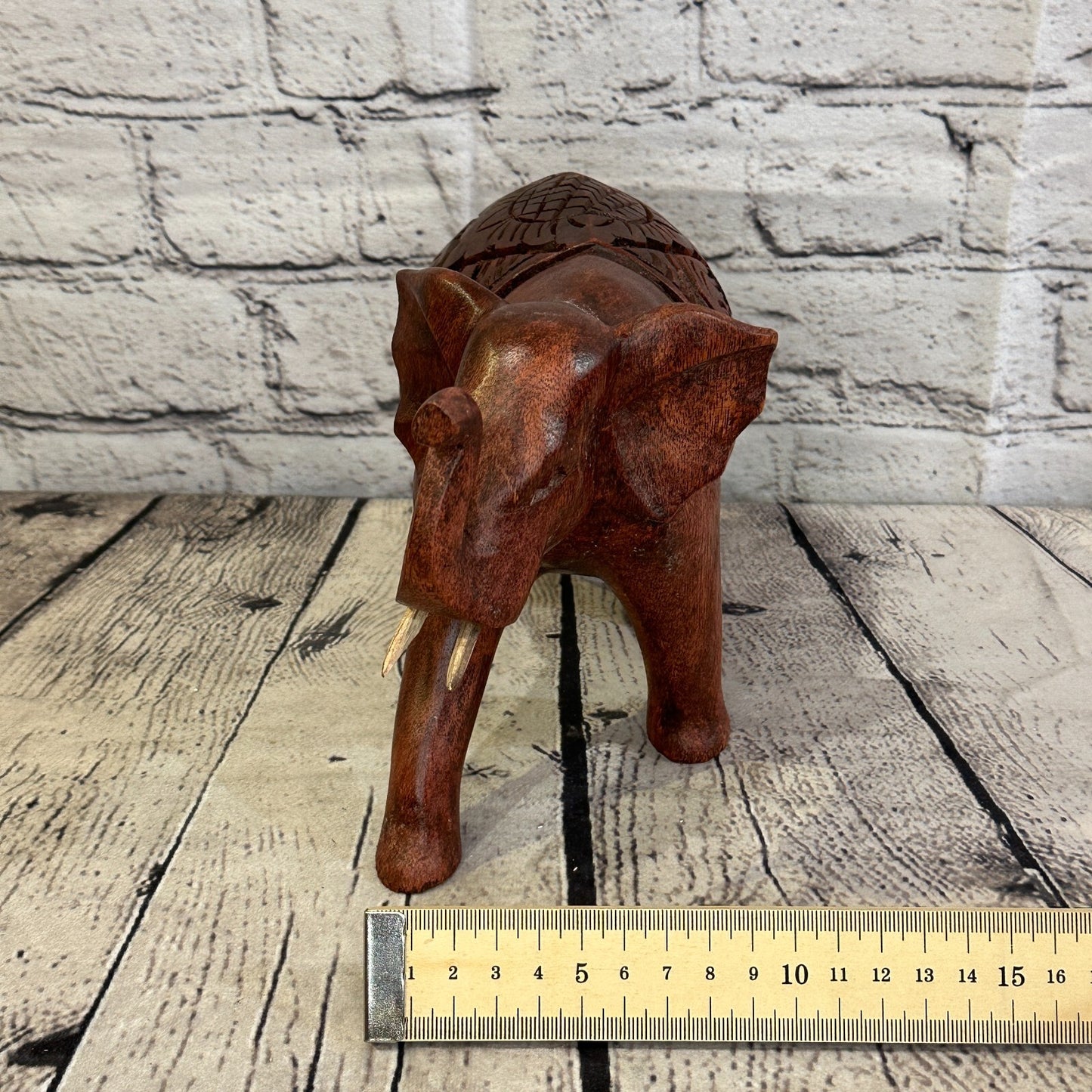 20cm x 15cm Carved Wooden Baby Elephant Wood Brown Sculpture Retro Handmade