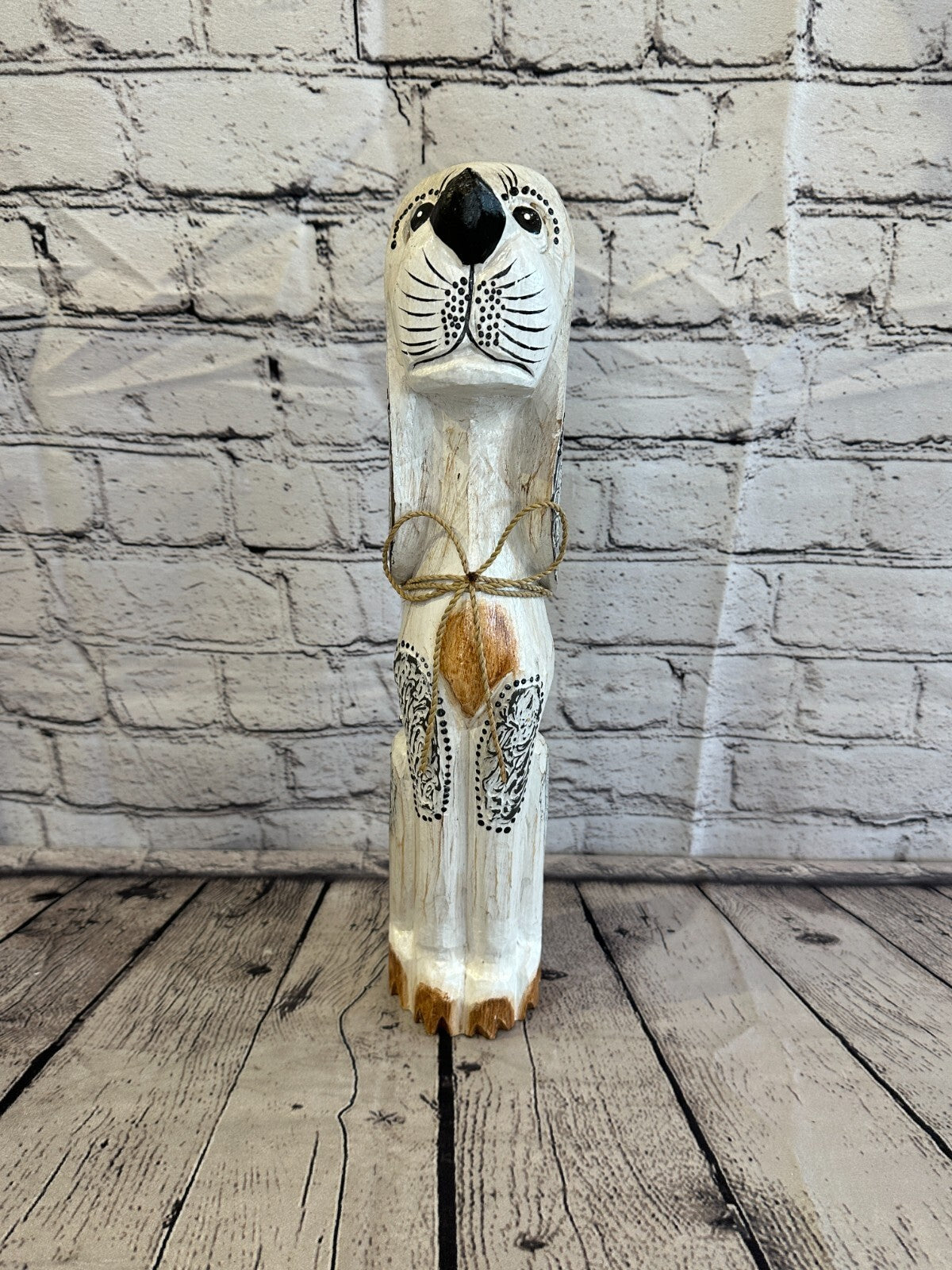 40cm White Flower Wooden Shabby Dog Statue Ornament Fair Trade Handcarved