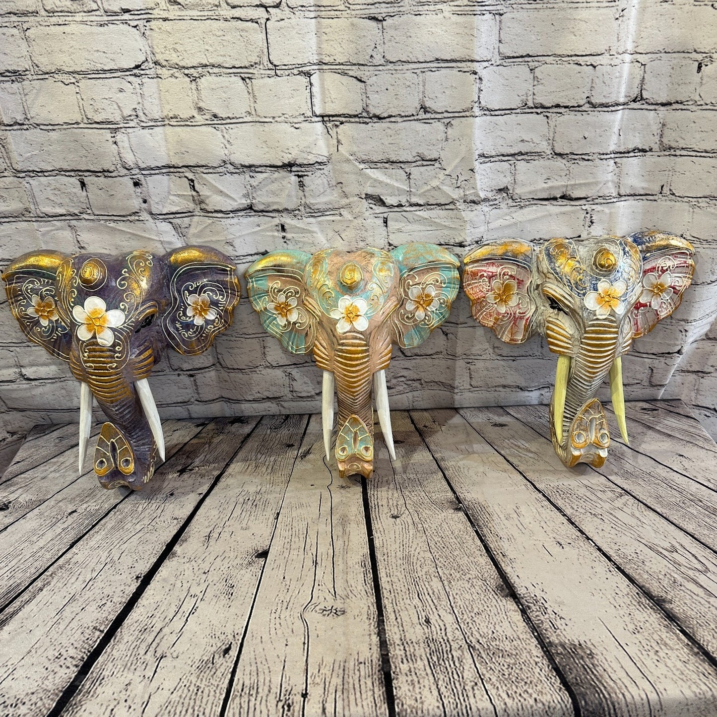 40cm x 35cm Green Flower Painted Wood Elephant Head Wall Mounted Art Shabby