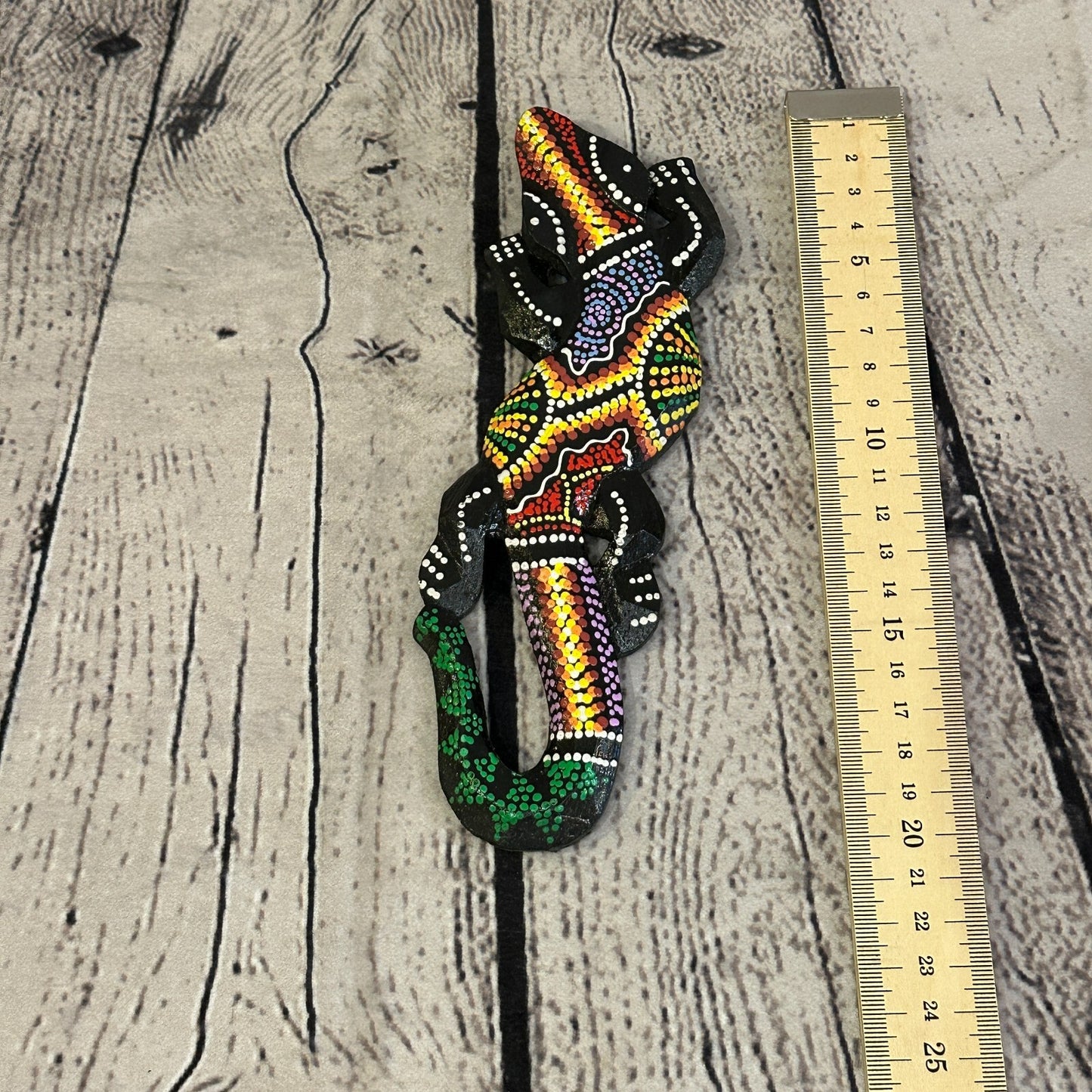 20cm Gecko Carved Wooden Dot Painted Ethnic Tribal Tiki Wall Handmade No 7