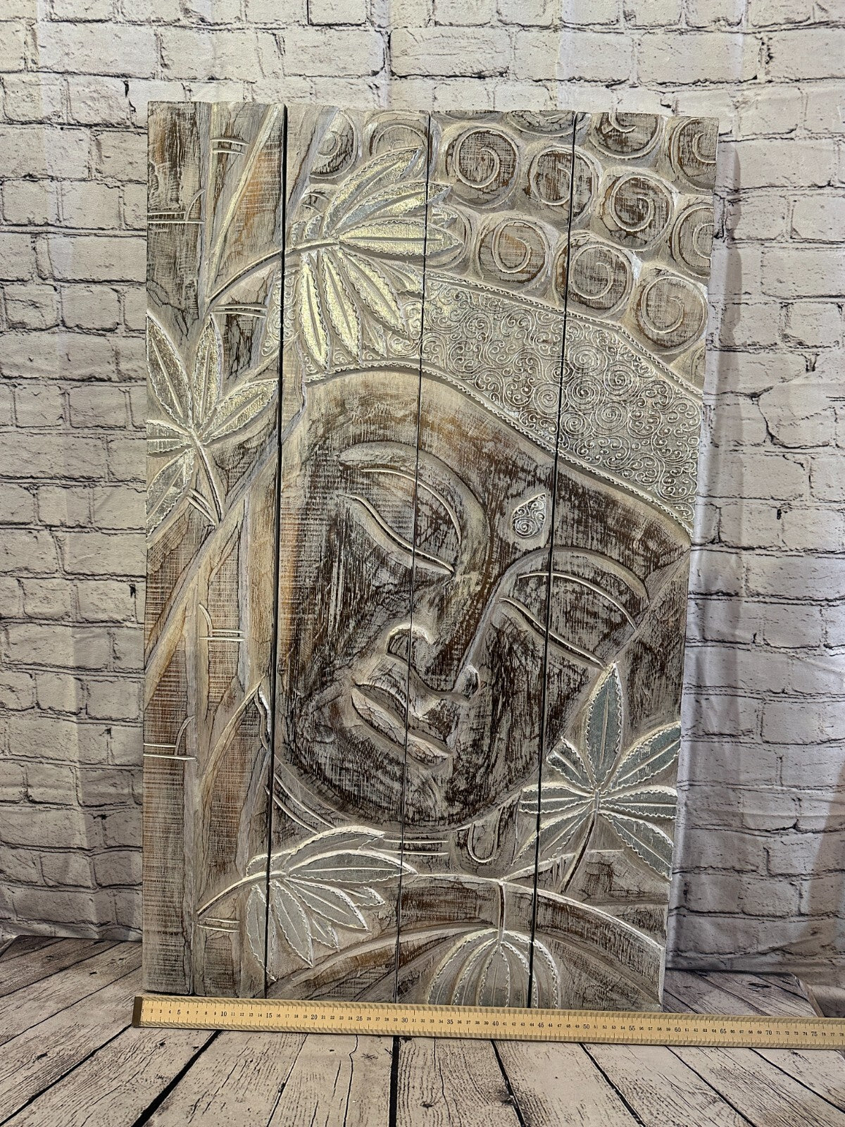 100cm x 60cm Buddha White Panel Wooden Wood Panel Wall Art Plaque Handcarved