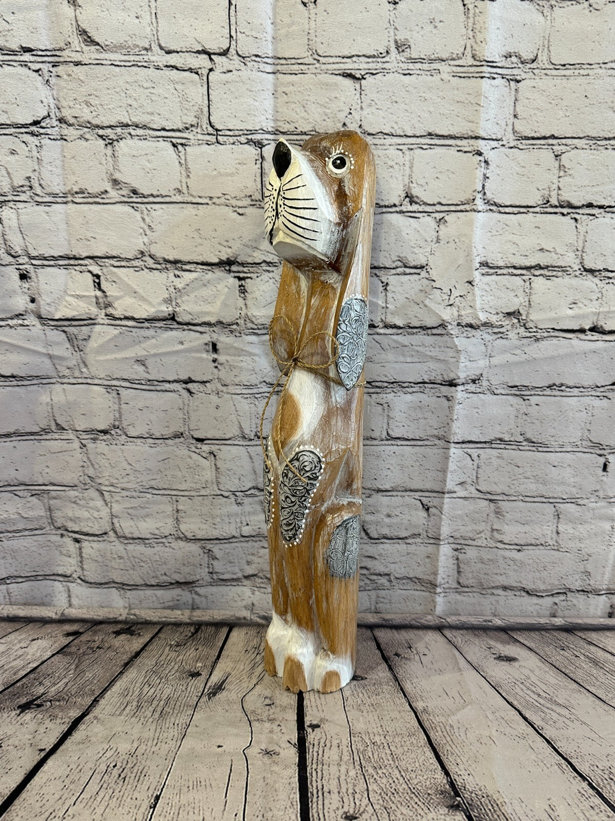 50cm Light Brown Flower Wooden Shabby Dog Statue Ornament Fair Trade Handcarved