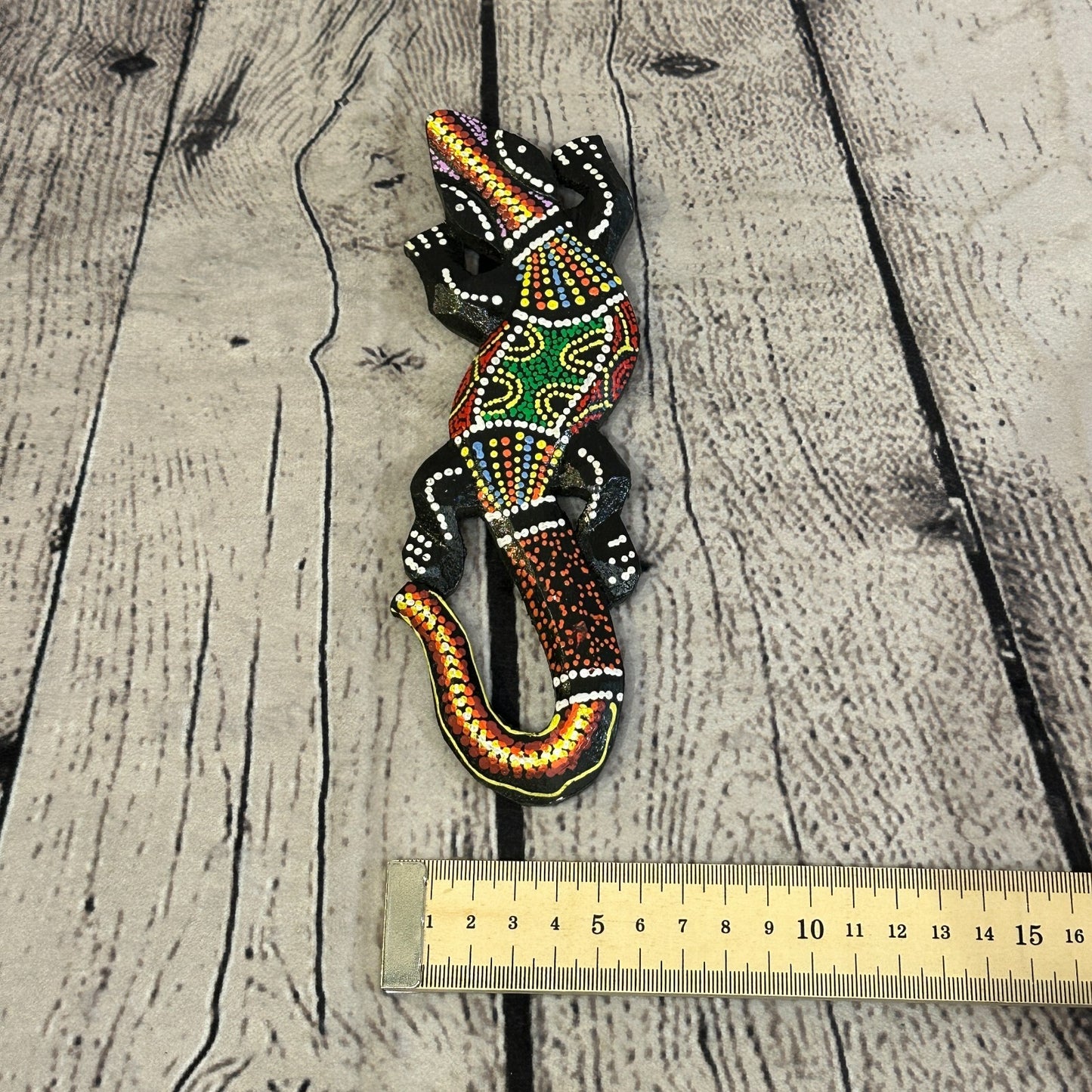 20cm Gecko Carved Wooden Dot Painted Ethnic Tribal Tiki Wall Handmade No 6