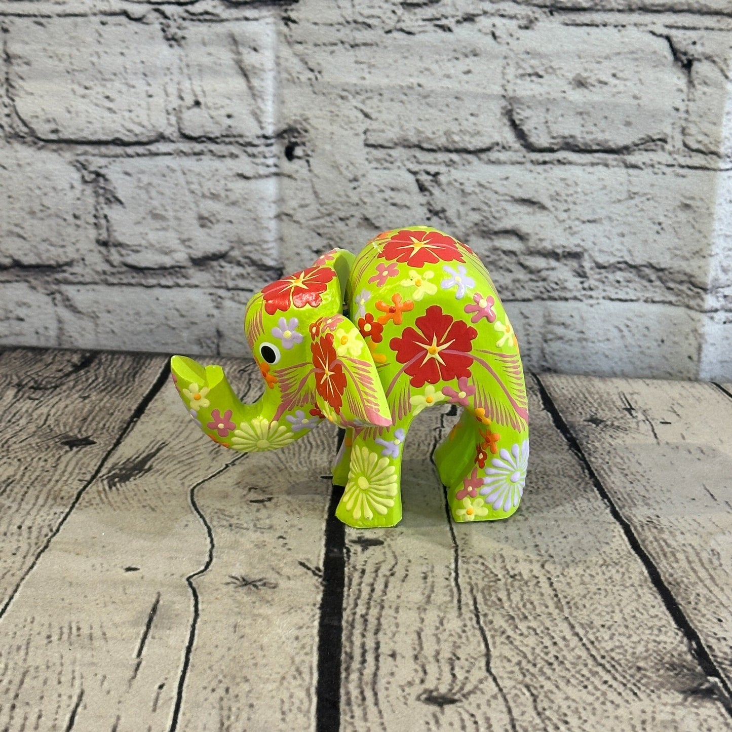 Green Wooden Elephant With Flower Pattern 10cm x 12cm Handmade and Fairtrade