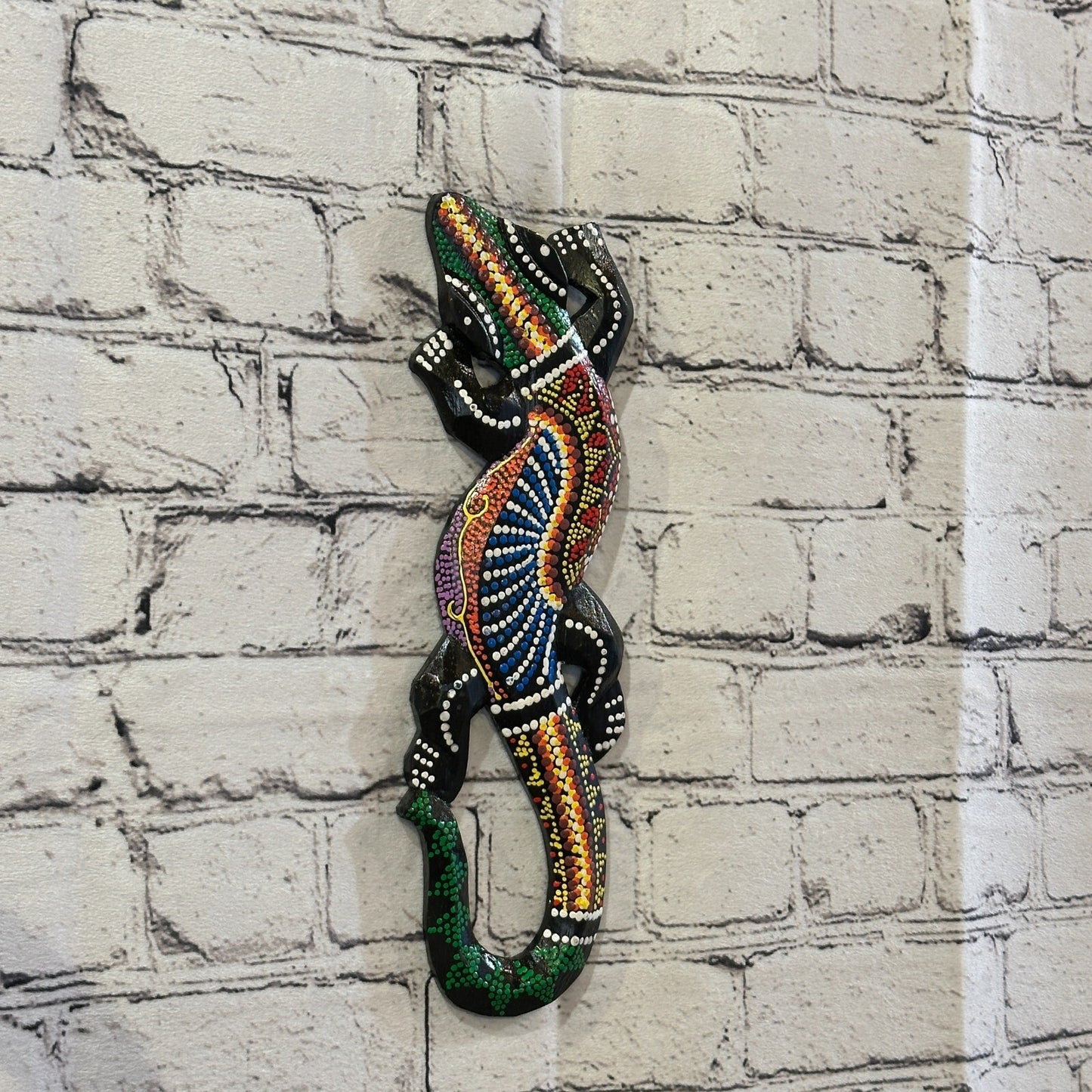 30cm Gecko Carved Wooden Dot Painted Ethnic Tribal Tiki Wall Handmade No 3