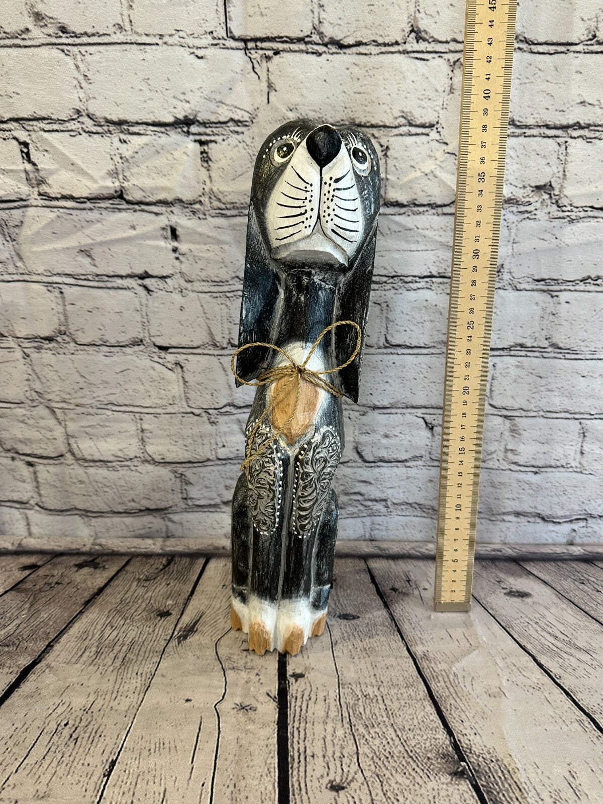 40cm Grey Flower Wooden Shabby Dog Statue Ornament Fair Trade Handcarved