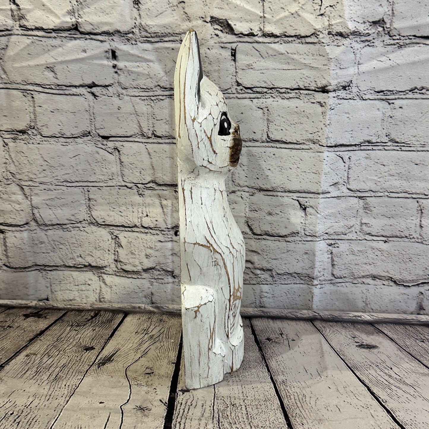 35cm x 15cm White Flower Wooden Shabby Cat Statue Ornament Fair Trade Handcarved