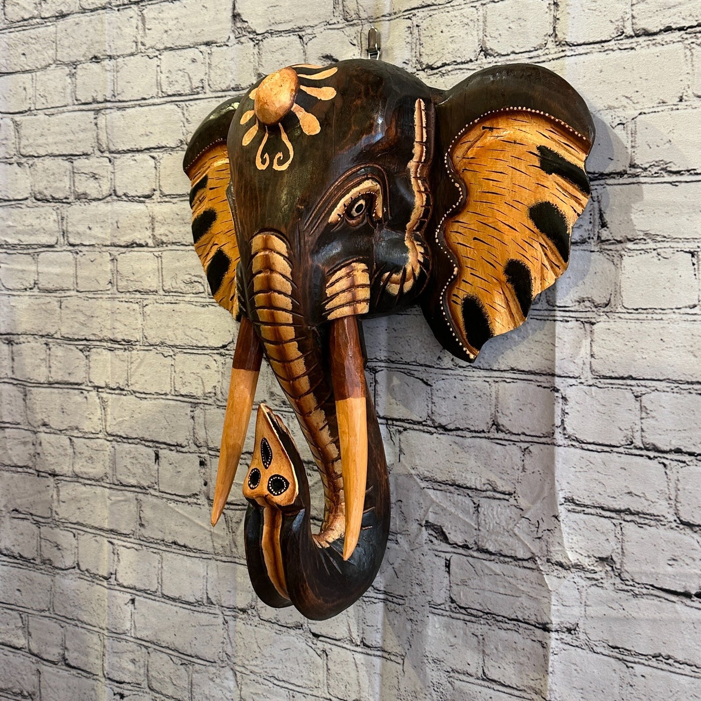 50cm x 45cm Brown Painted Wood Elephant Head Wall Mounted Art Large Shabby