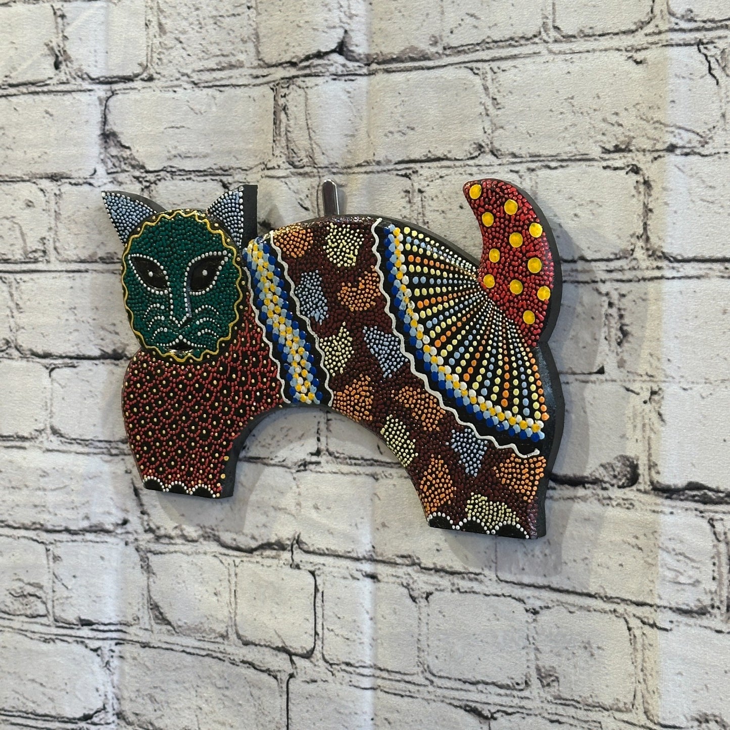 30cm Green Cat Carved Wooden Dot Painted Ethnic Tribal Tiki Wall Art Handmade