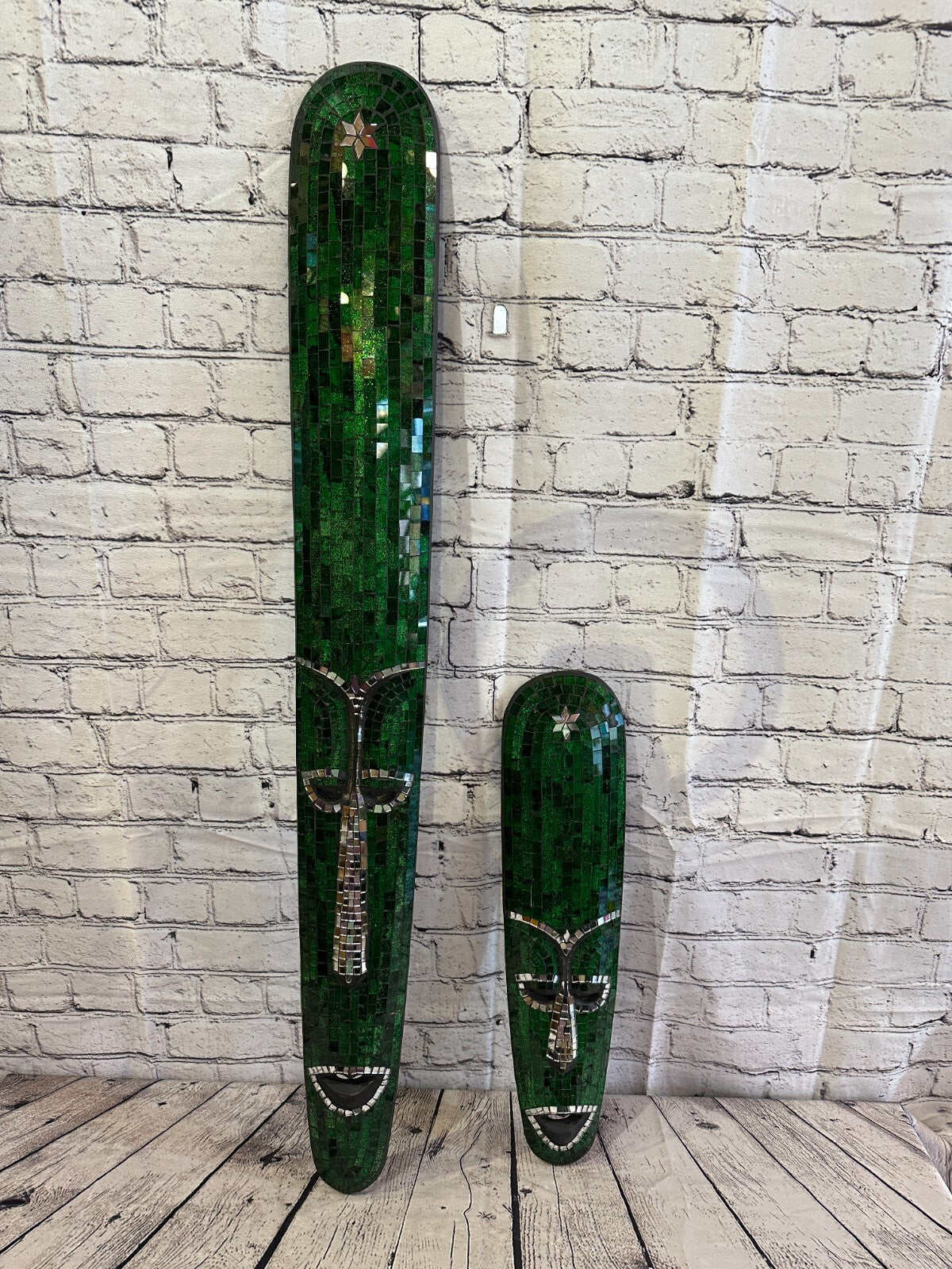 80cm Green Mosaic Mirror Mask Carved Painted Ethnic Tribal Wall Art Handmade