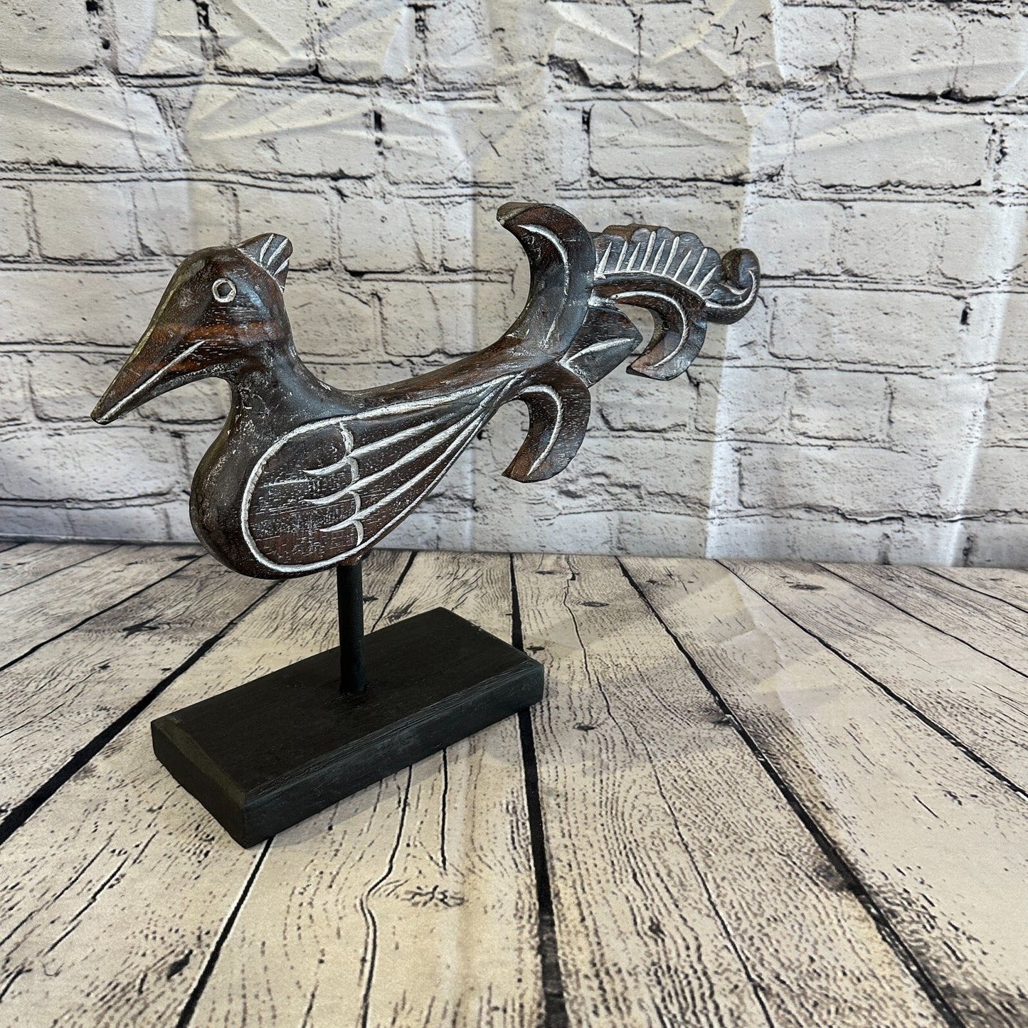 50cm x 30cm Wooden Tribal Primitive Black Phoenix Bird Stand Sculpture Statue