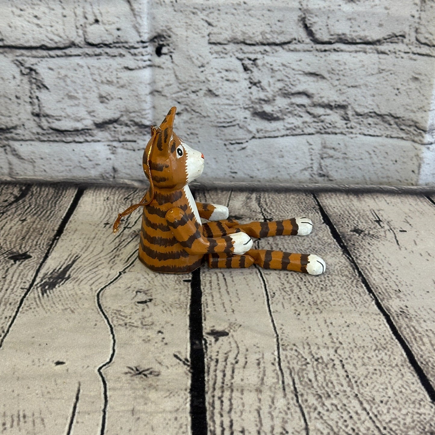 10cm Tabby Cat Sitting Animal, Wooden Shelf Ornament Handmade and Fairtrade