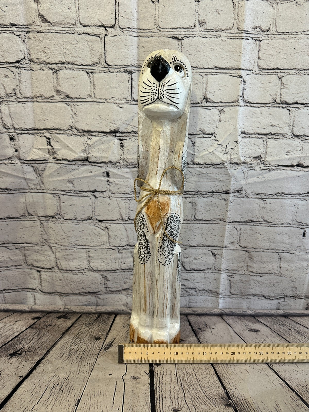 50cm White Flower Wooden Shabby Dog Statue Ornament Fair Trade Handcarved