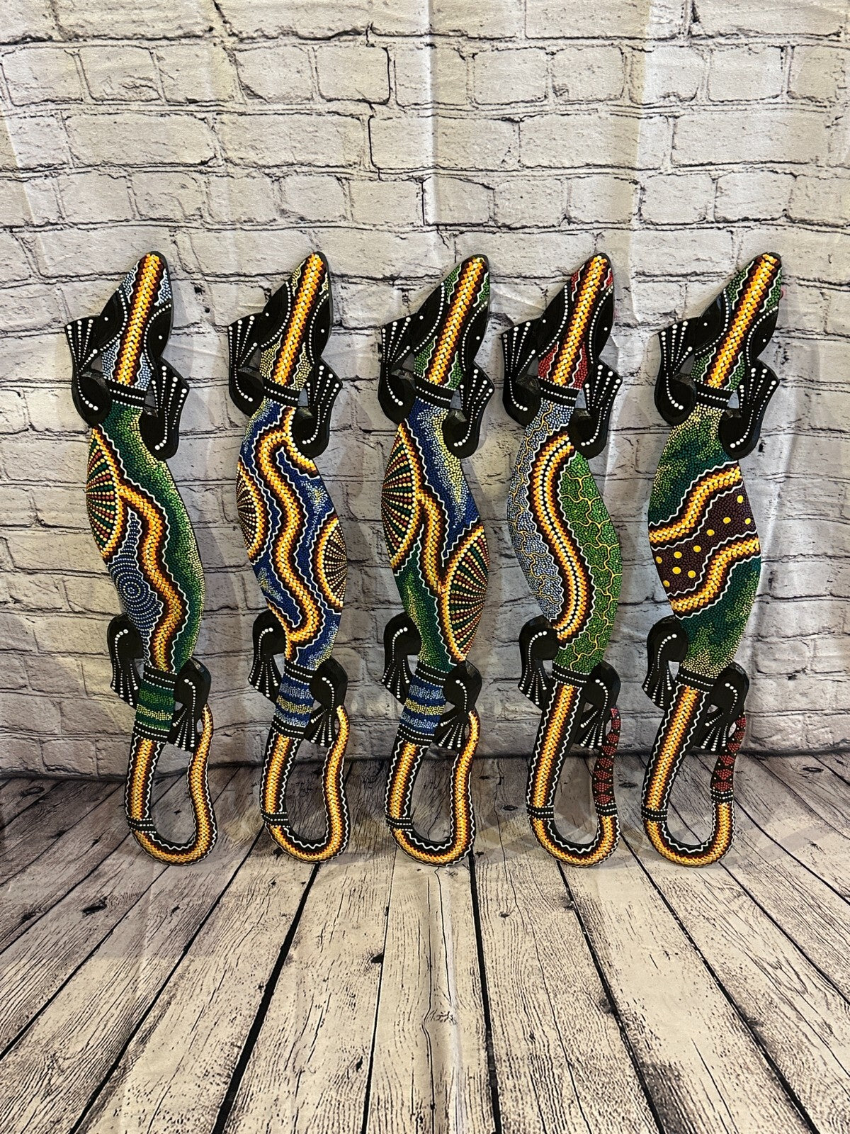 80cm Gecko Carved Wooden Dot Painted Ethnic Tribal Tiki Wall Handmade No 2